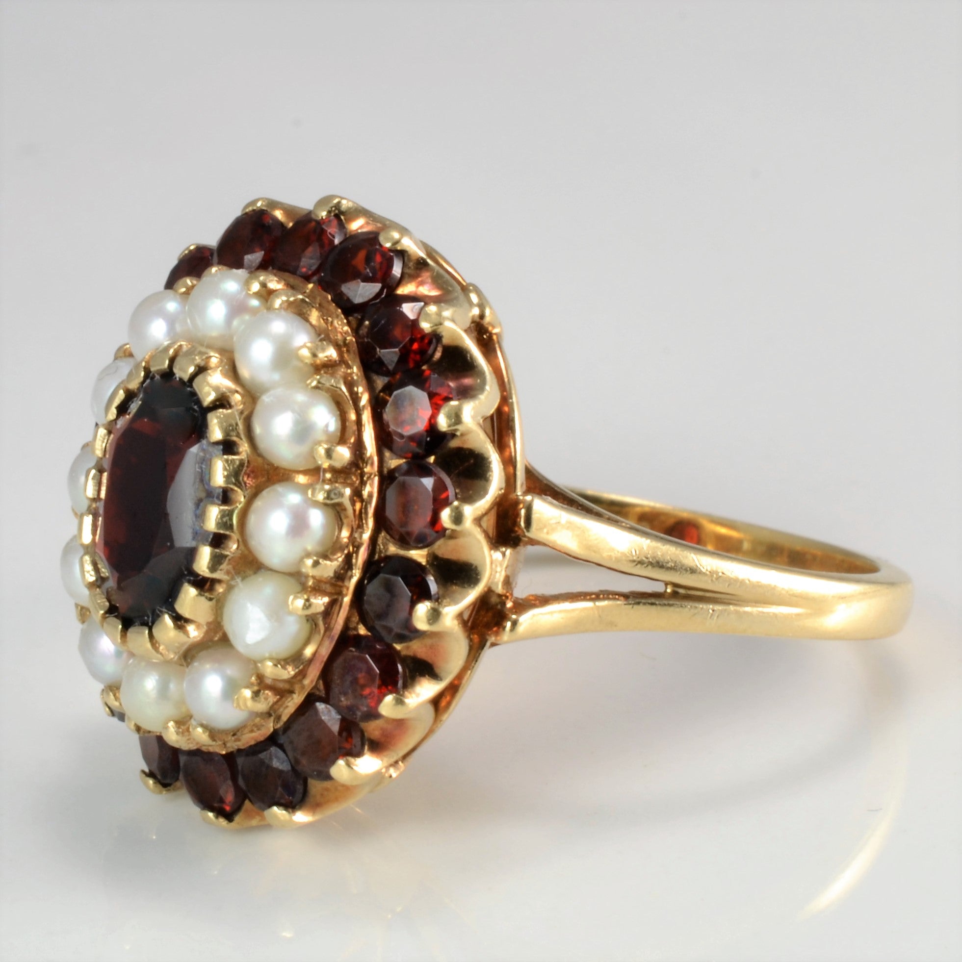 Cluster Garnet & Seed Pearl Ladies Vintage Cocktail Ring | SZ 7 |