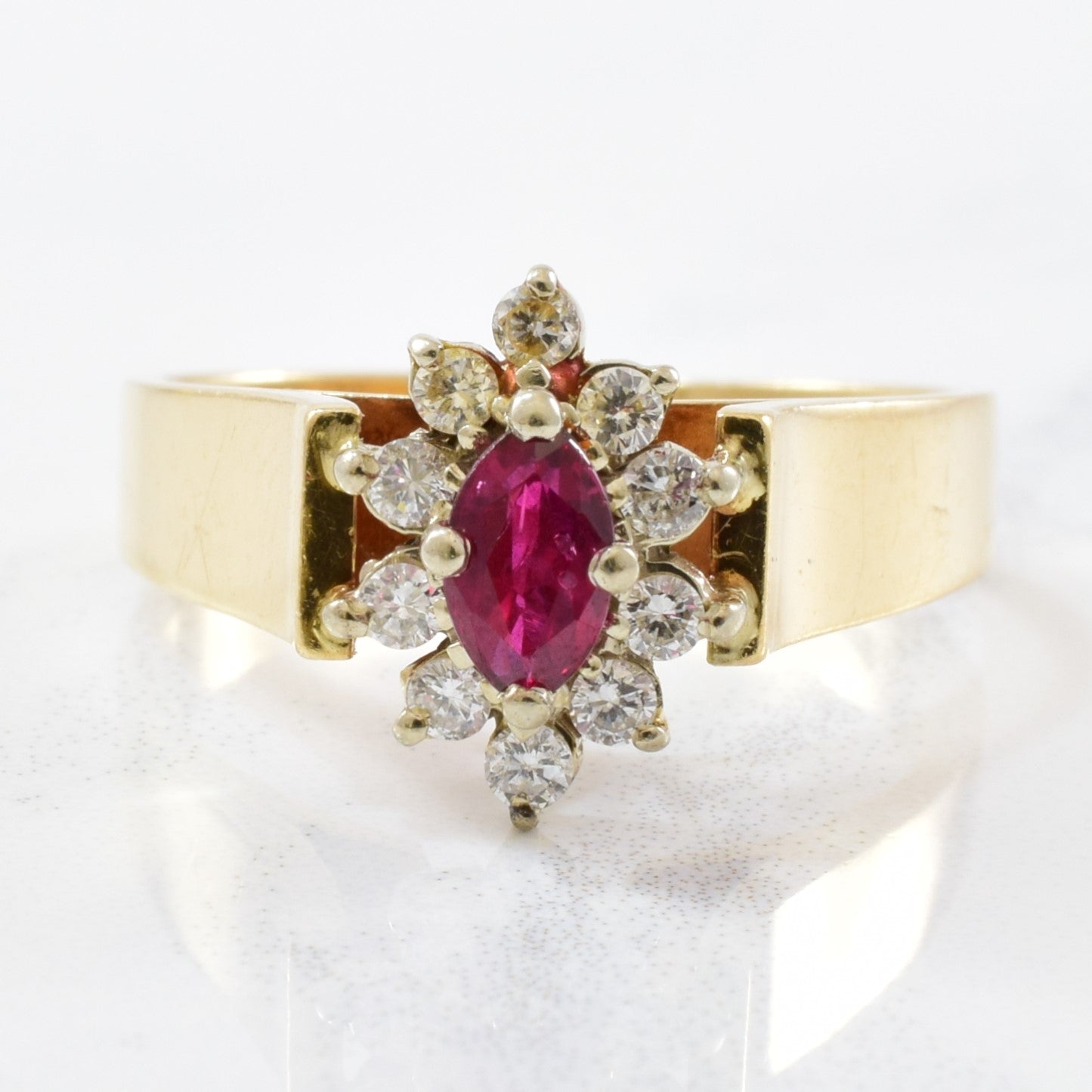 High Set Floral Ruby & Diamond Halo Ring | 0.20ctw, 0.30ct | SZ 7 |
