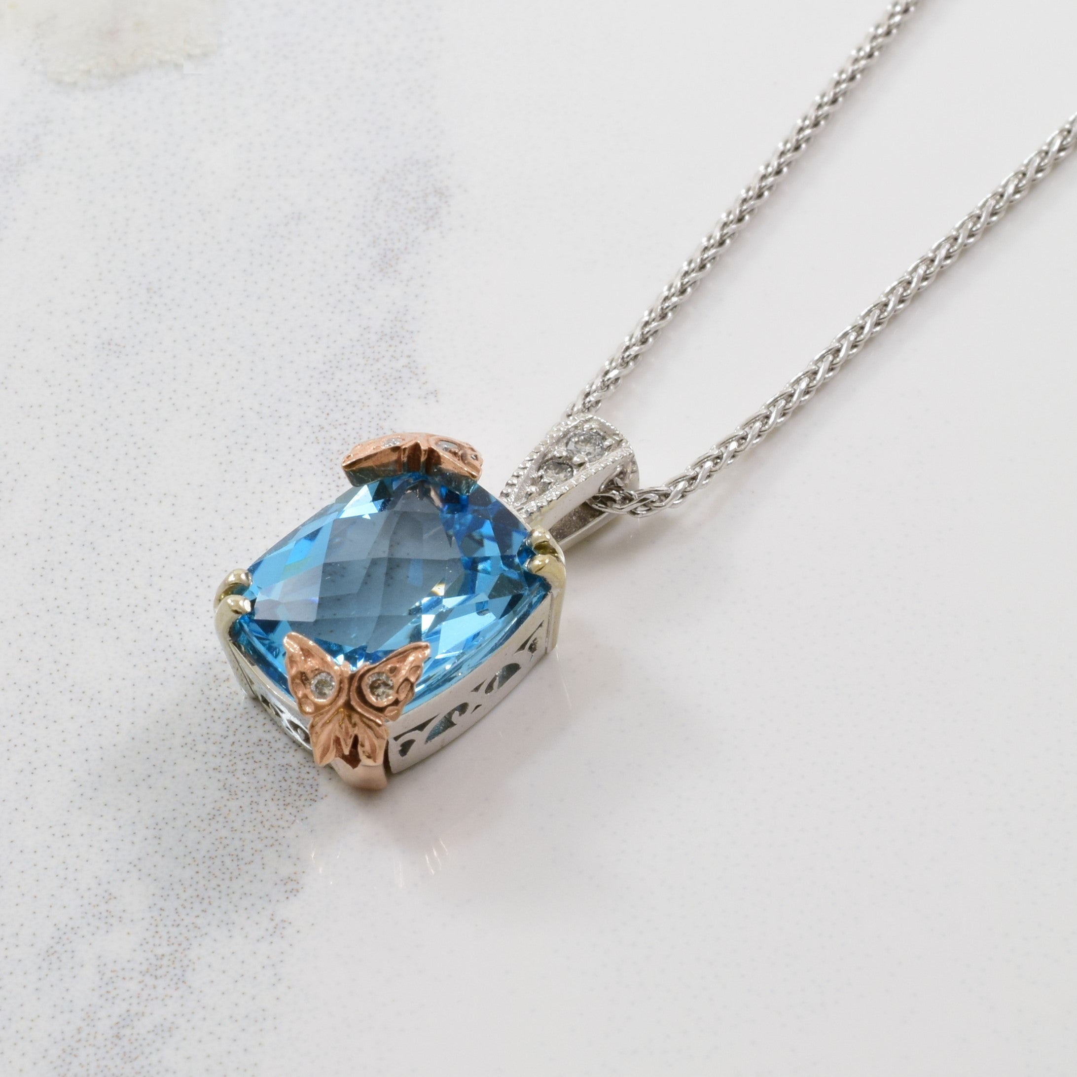 Blue Topaz & Diamond Butterfly Necklace | 0.05ctw, 4.50ct | 18" |