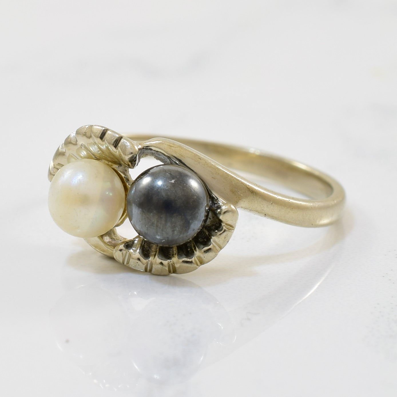 Pearl & Hematite Bypass Ring | 1.40ct, 0.78ct | SZ 6.5 |