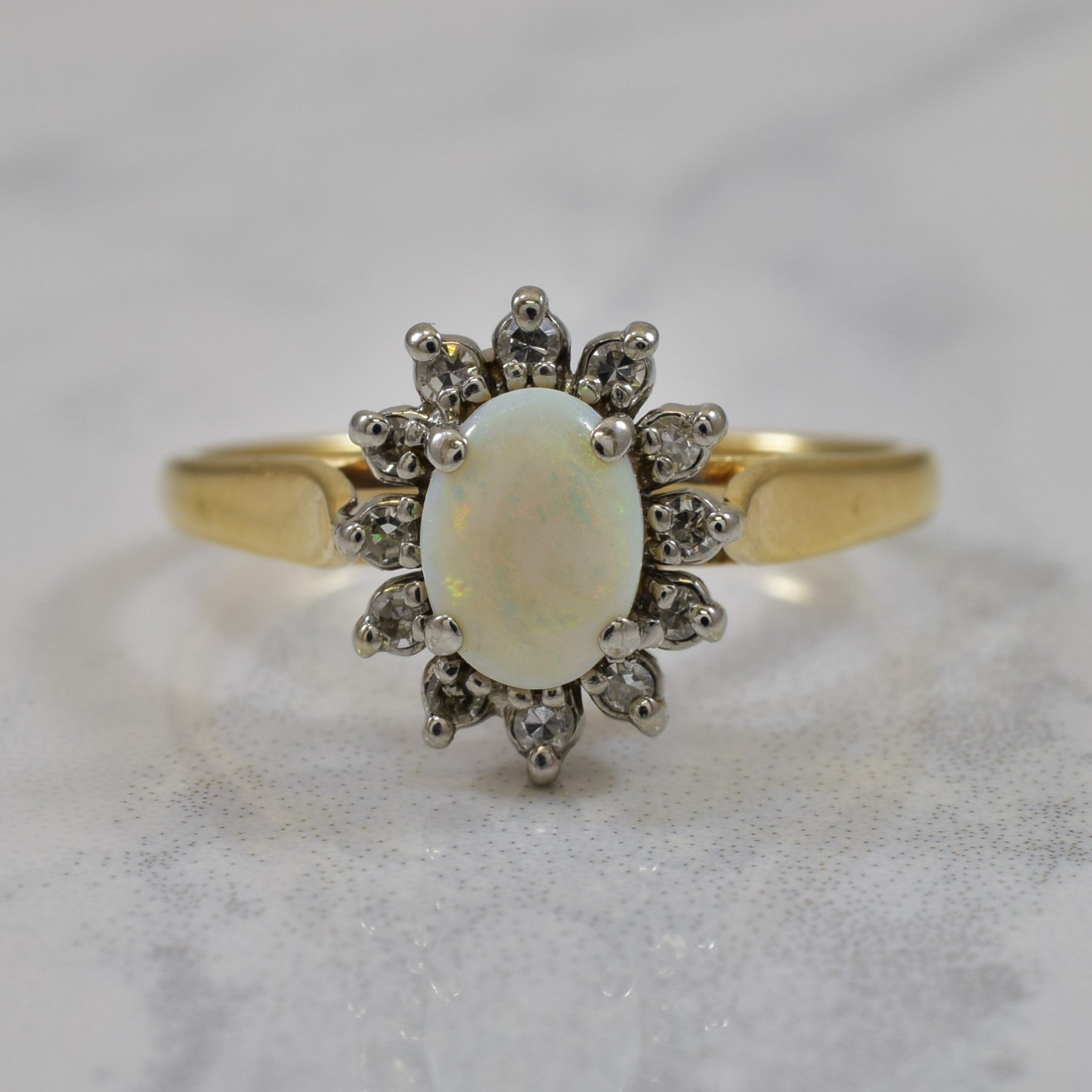 Opal & Halo Diamond Cathedral Ring | 0.30ct, 0.12ctw | SZ 8 |