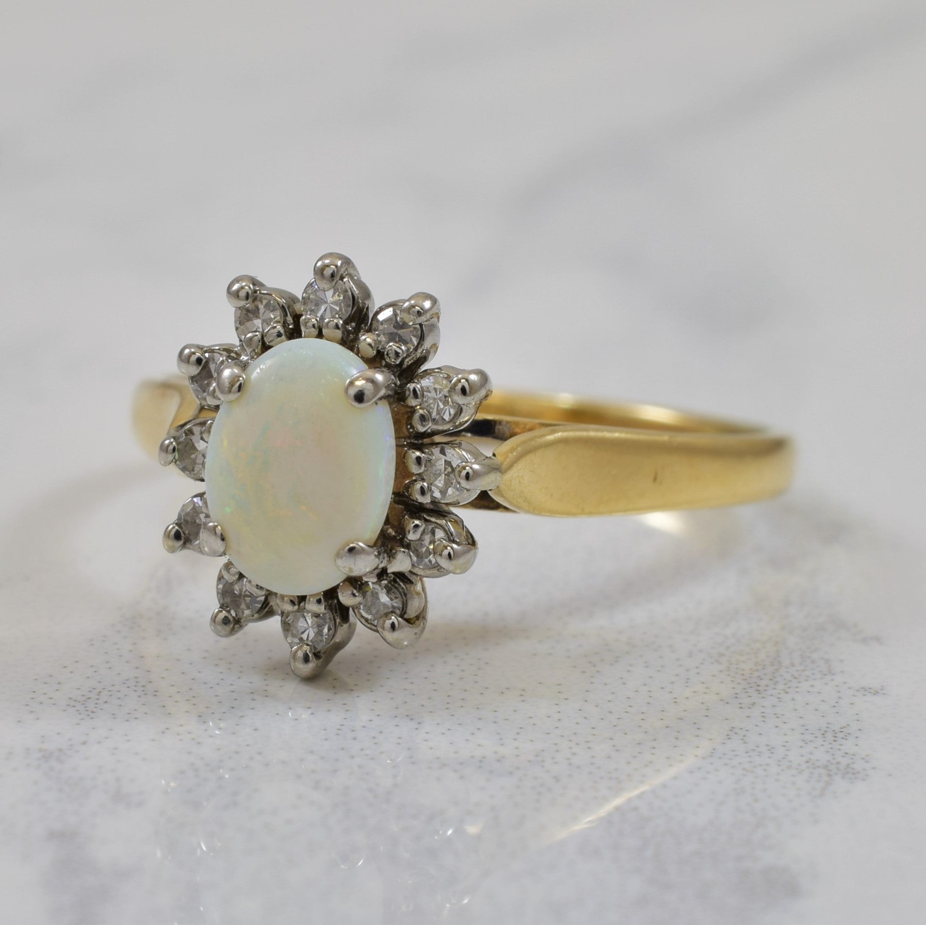 Opal & Halo Diamond Cathedral Ring | 0.30ct, 0.12ctw | SZ 8 |