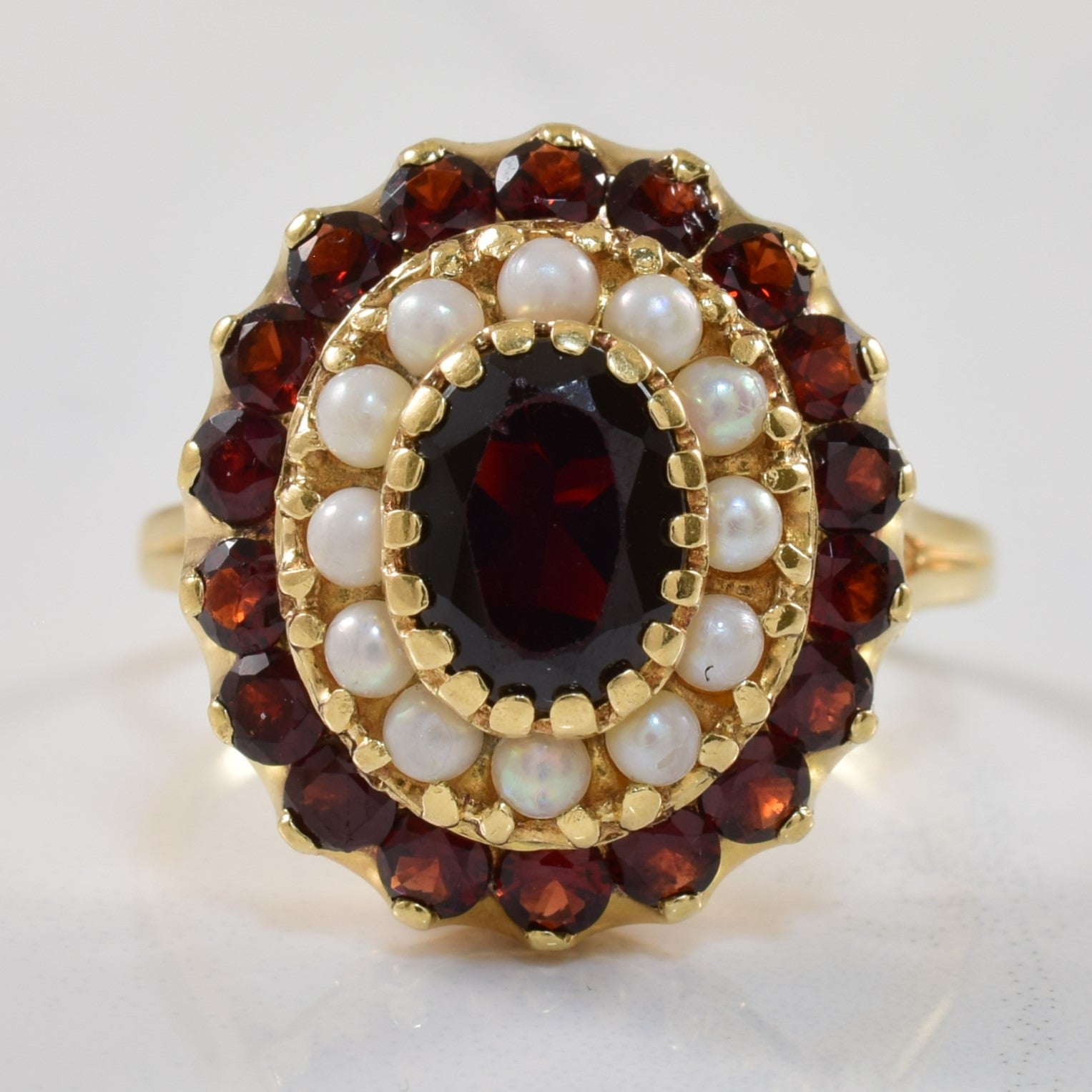 Double Halo Garnet & Pearl Ring | 2.35ctw | SZ 9.5 |