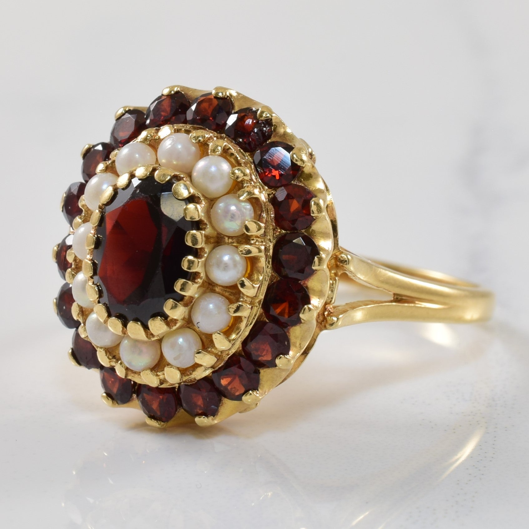 Double Halo Garnet & Pearl Ring | 2.35ctw | SZ 9.5 |