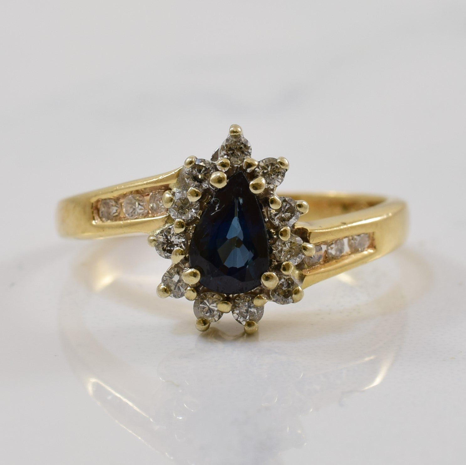 Pear Cut Blue Sapphire & Diamond Bypass Ring | 0.45ct, 0.17ctw | SZ 4.75 |