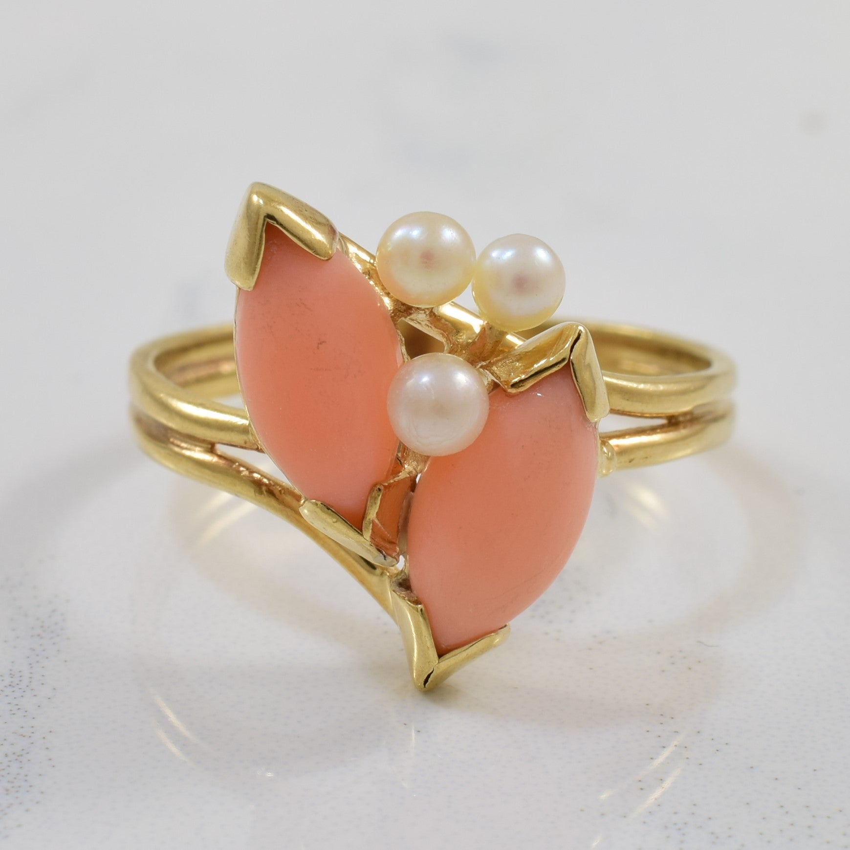Marquise Coral Cabochon & Pearl Ring | 1.10ctw, 0.45ctw | SZ 7 |