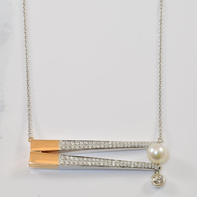 Unique Pearl & Diamond Offset Necklace | 1.60ct, 0.65ctw | 18