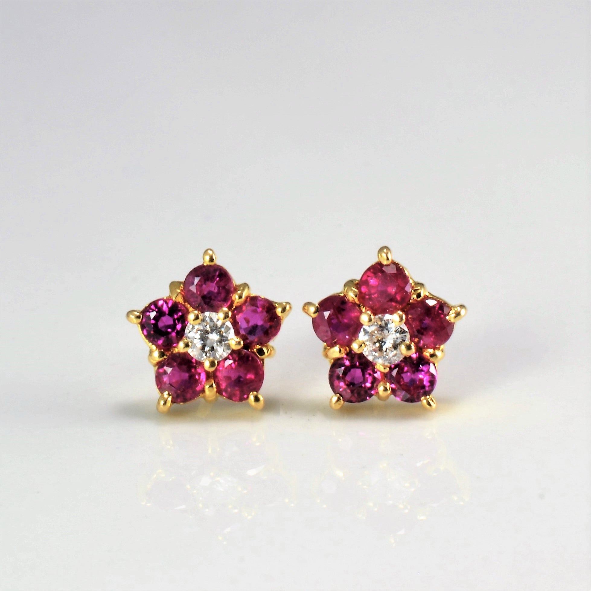Ruby & Diamond Flower Stud Earrings | 0.10 ctw |