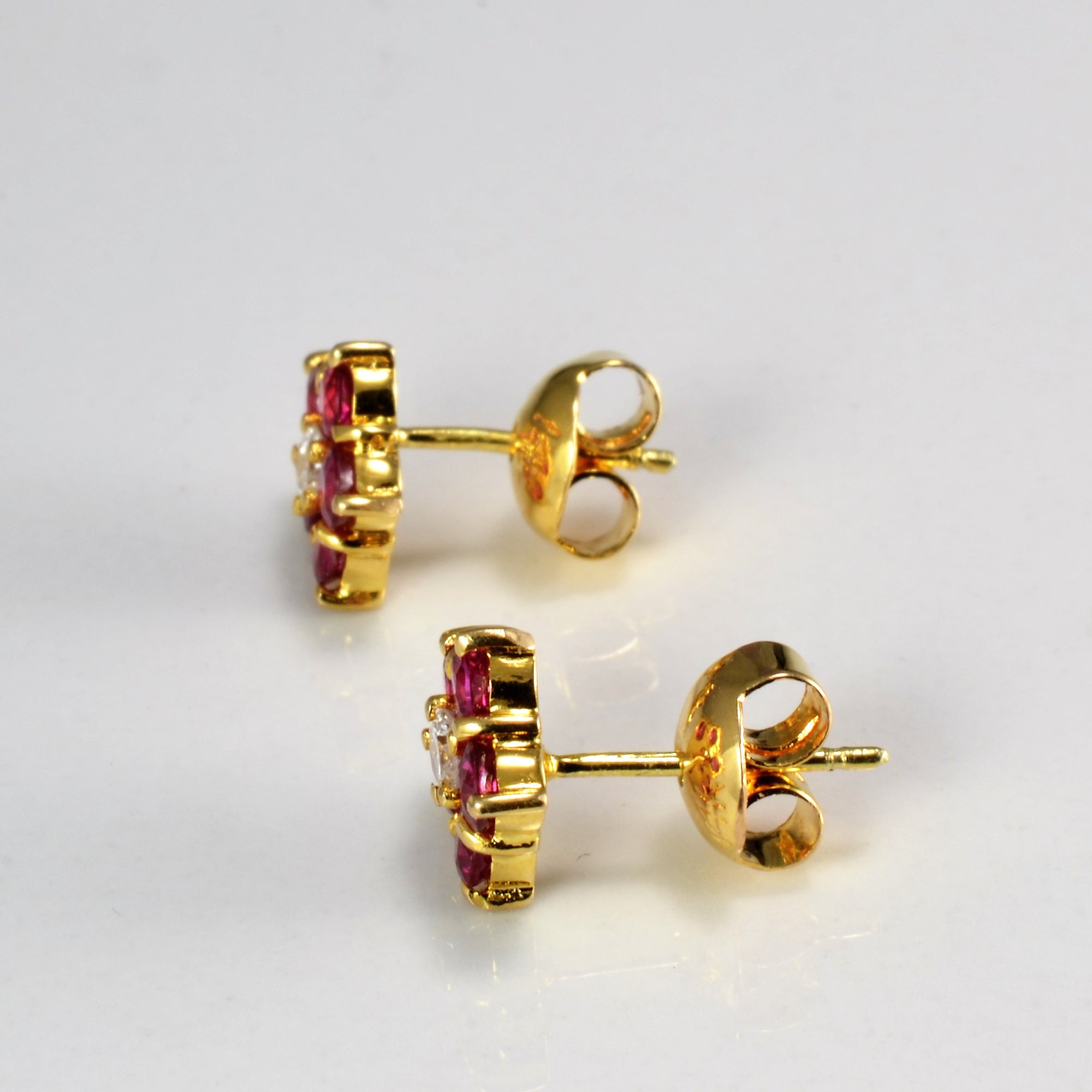 Ruby & Diamond Flower Stud Earrings | 0.10 ctw |