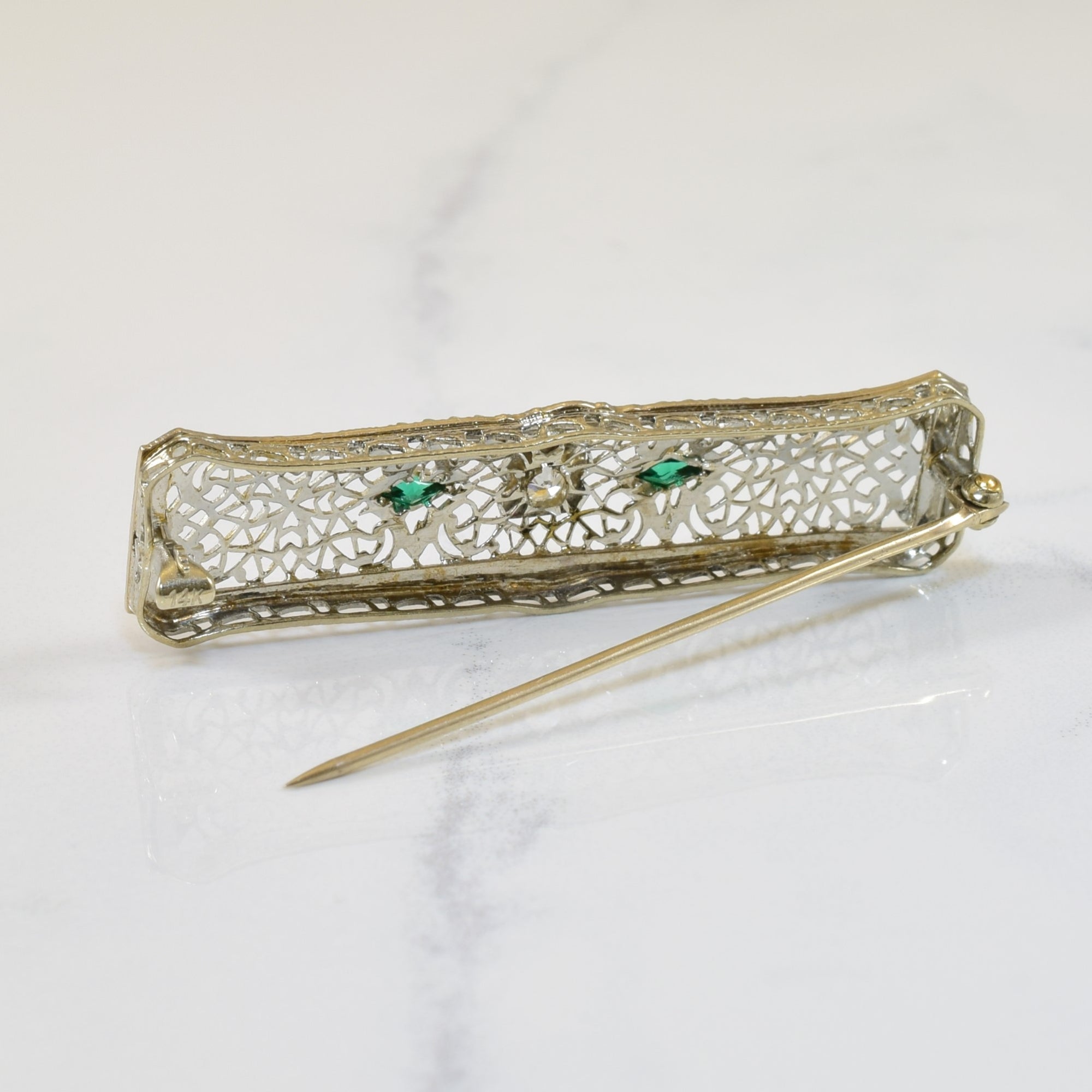 Art Deco Green Glass & Diamond Brooch | 0.18ctw, 0.07ct |
