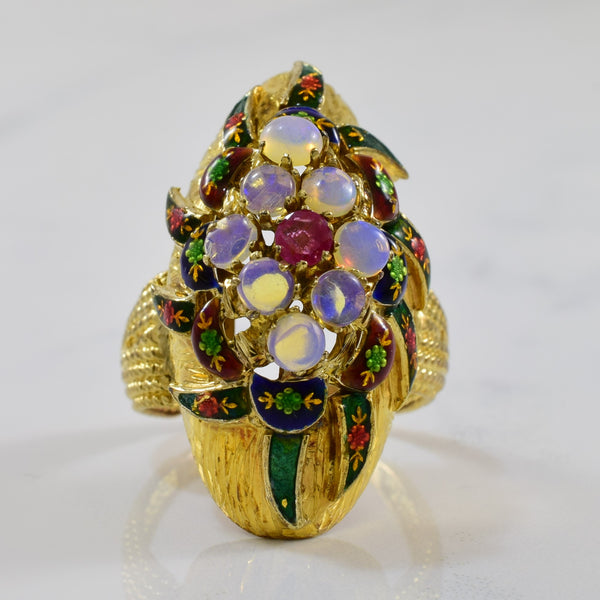 Enameled Opal & Ruby Cocktail Ring | 0.90ctw | SZ 6.5 |