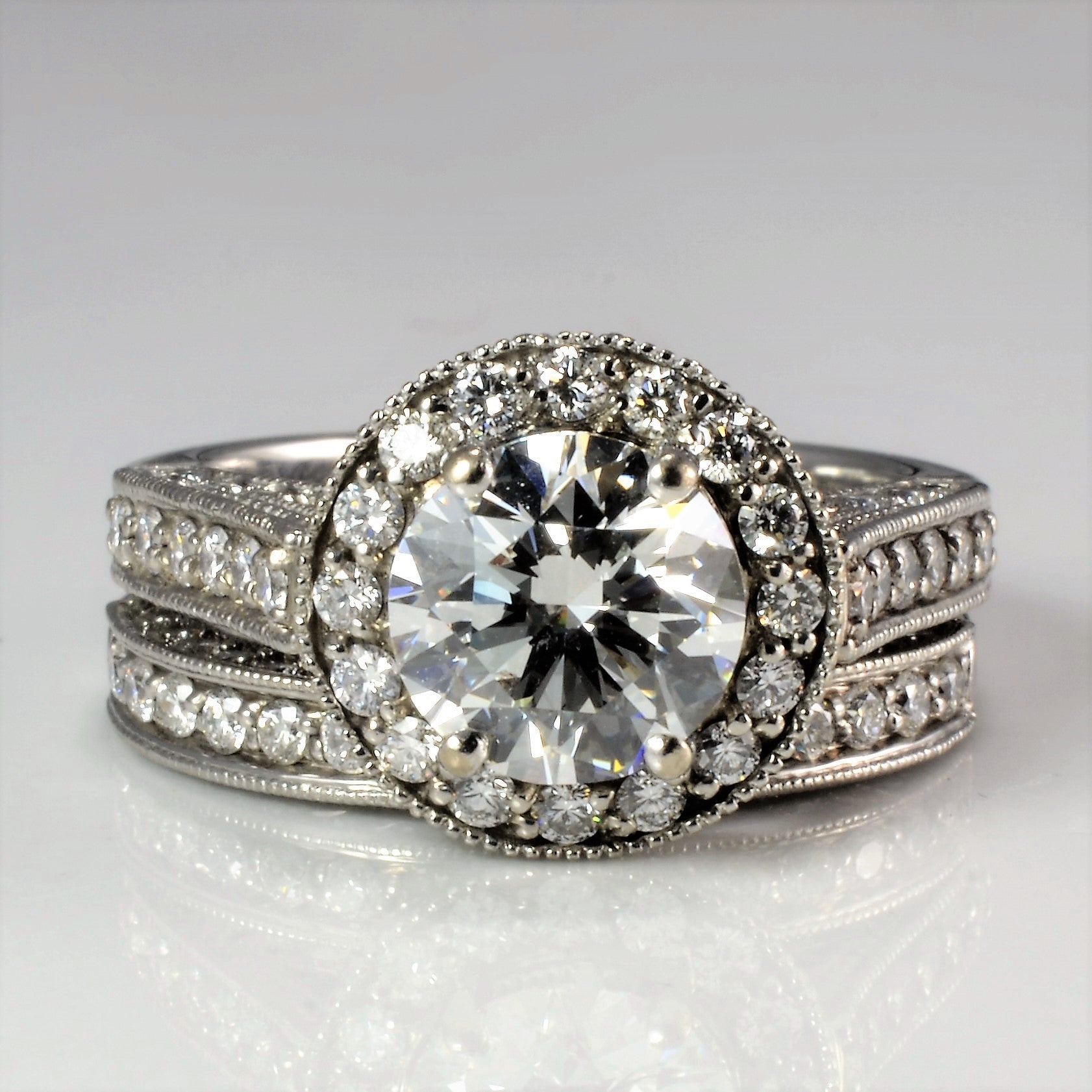 Halo Diamond Engagement Ring & Wedding Band Set | 1.86 ctw, SZ 3.5 |