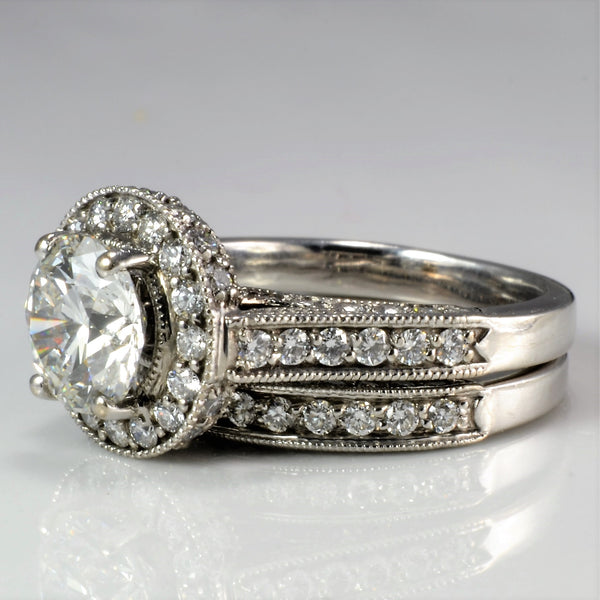 Halo Diamond Engagement Ring & Wedding Band Set | 1.86 ctw, SZ 3.5 |