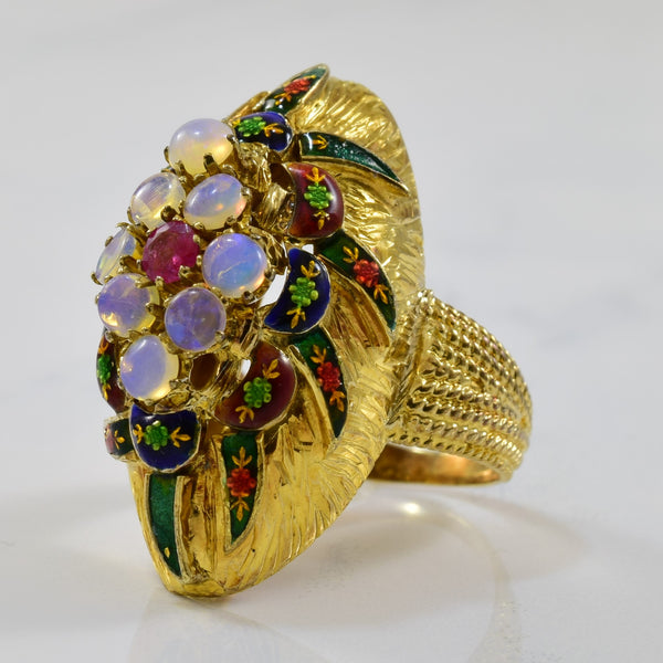 Enameled Opal & Ruby Cocktail Ring | 0.90ctw | SZ 6.5 |