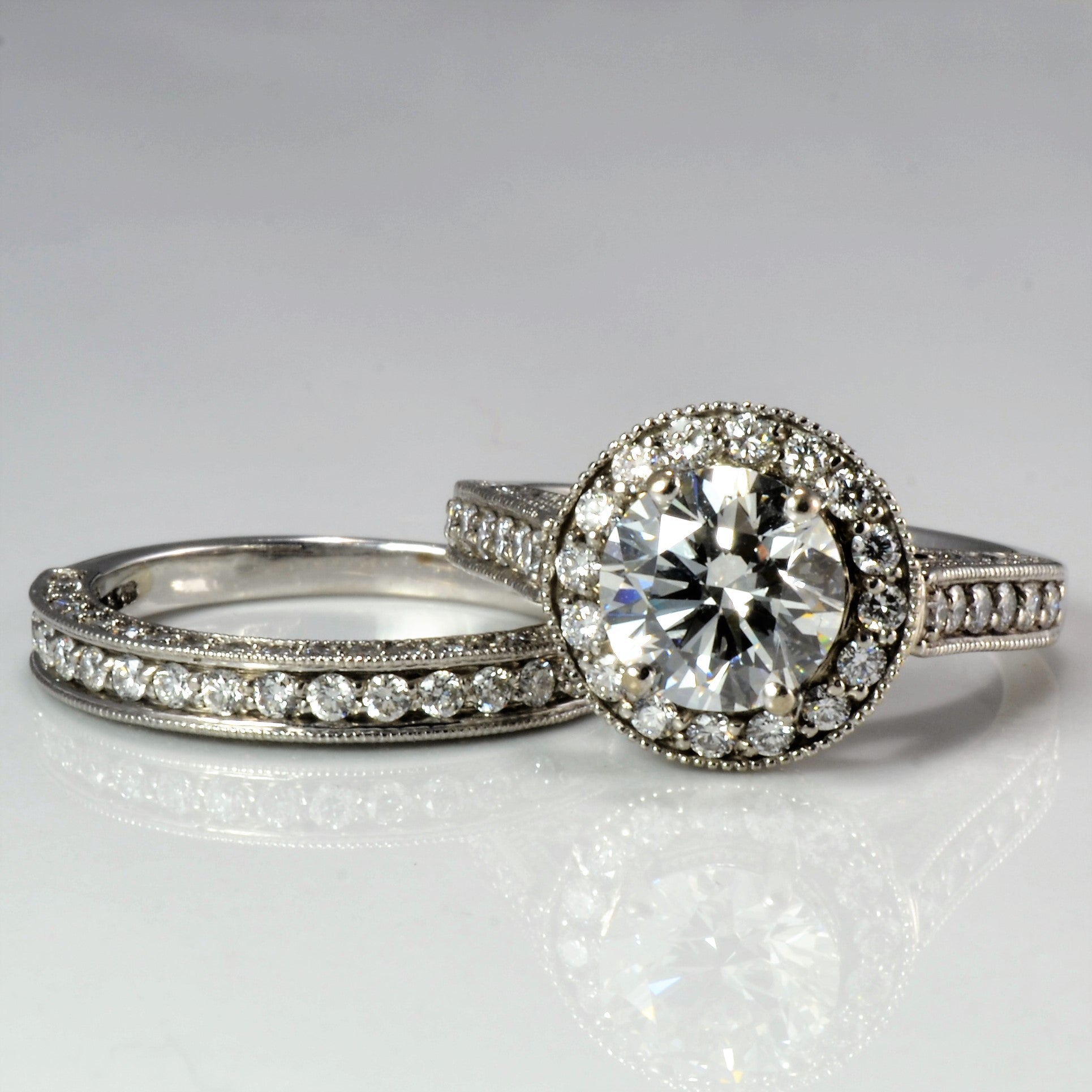 Halo Diamond Engagement Ring & Wedding Band Set | 1.86 ctw, SZ 3.5 |