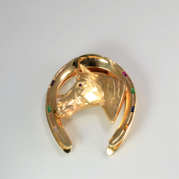 Multi- Gemstones Gold Horse Shoe Brooch | 0.02 ctw |