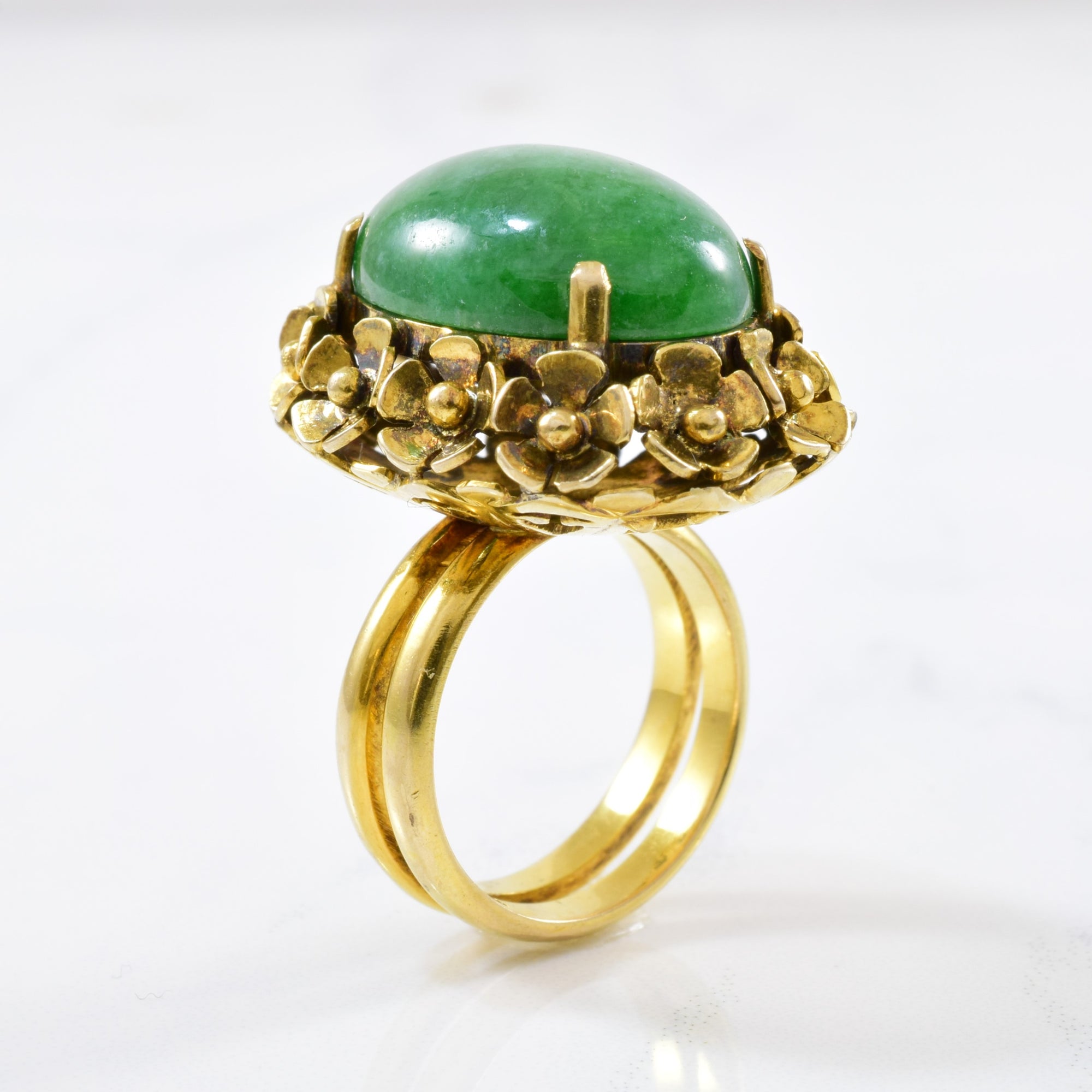 Double Banded Floral Jadeite Cocktail Ring | 11.61ct | SZ 4.5 |