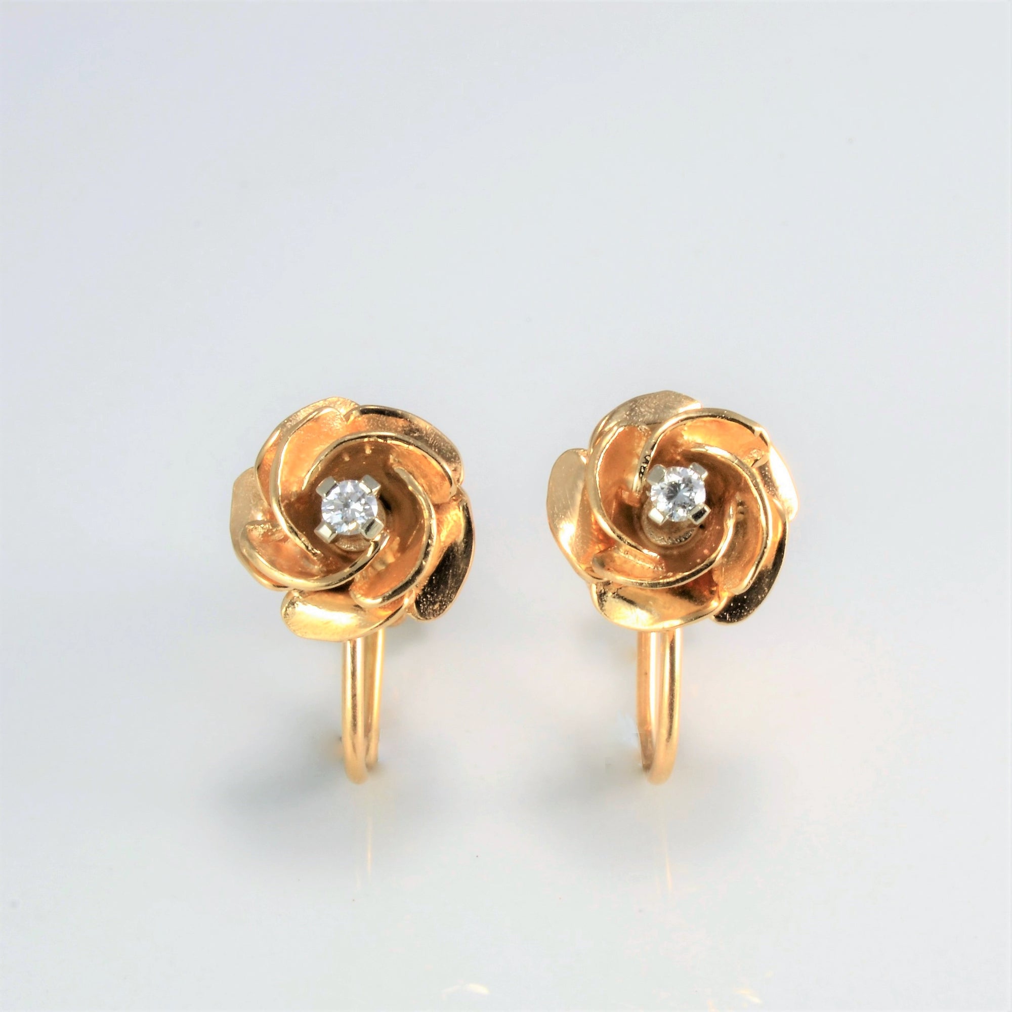 Yellow Gold Rose Design Diamond Screw Earrings | 0.07 ctw |