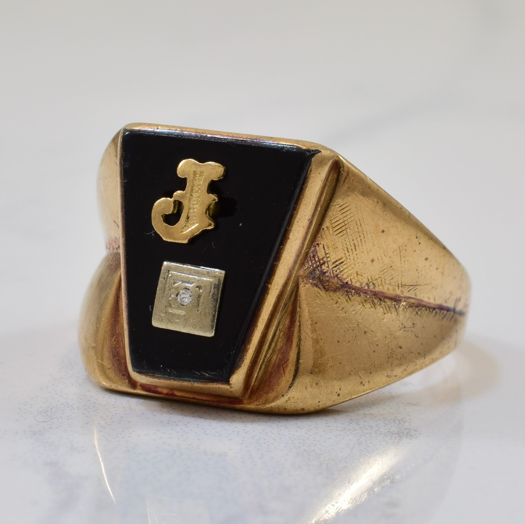 Initial 'J' Diamond & Hematite Signet Ring | 8.40ct, 0.005ct | SZ 11 |