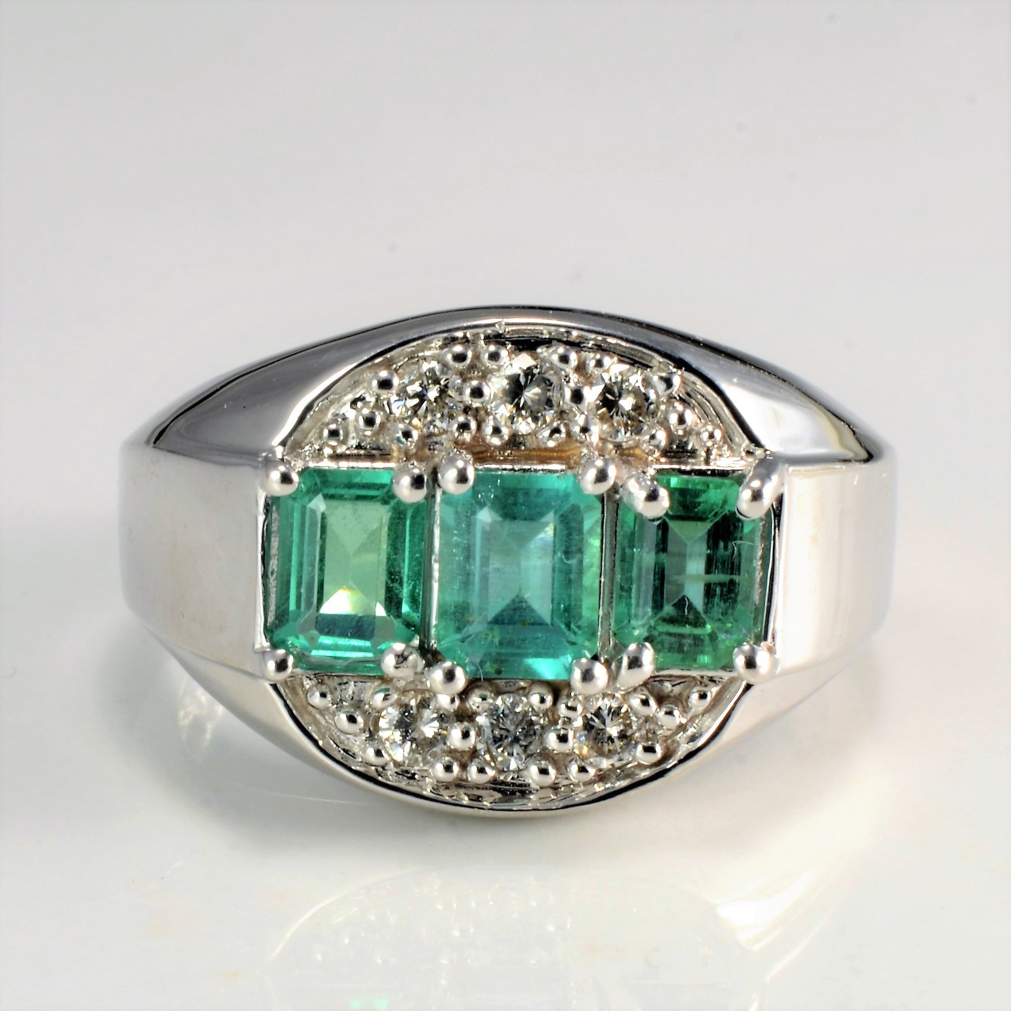 Three Stone Emerald & Diamond Ring | 1.00ctw, 0.15ctw | SZ 7.75 |
