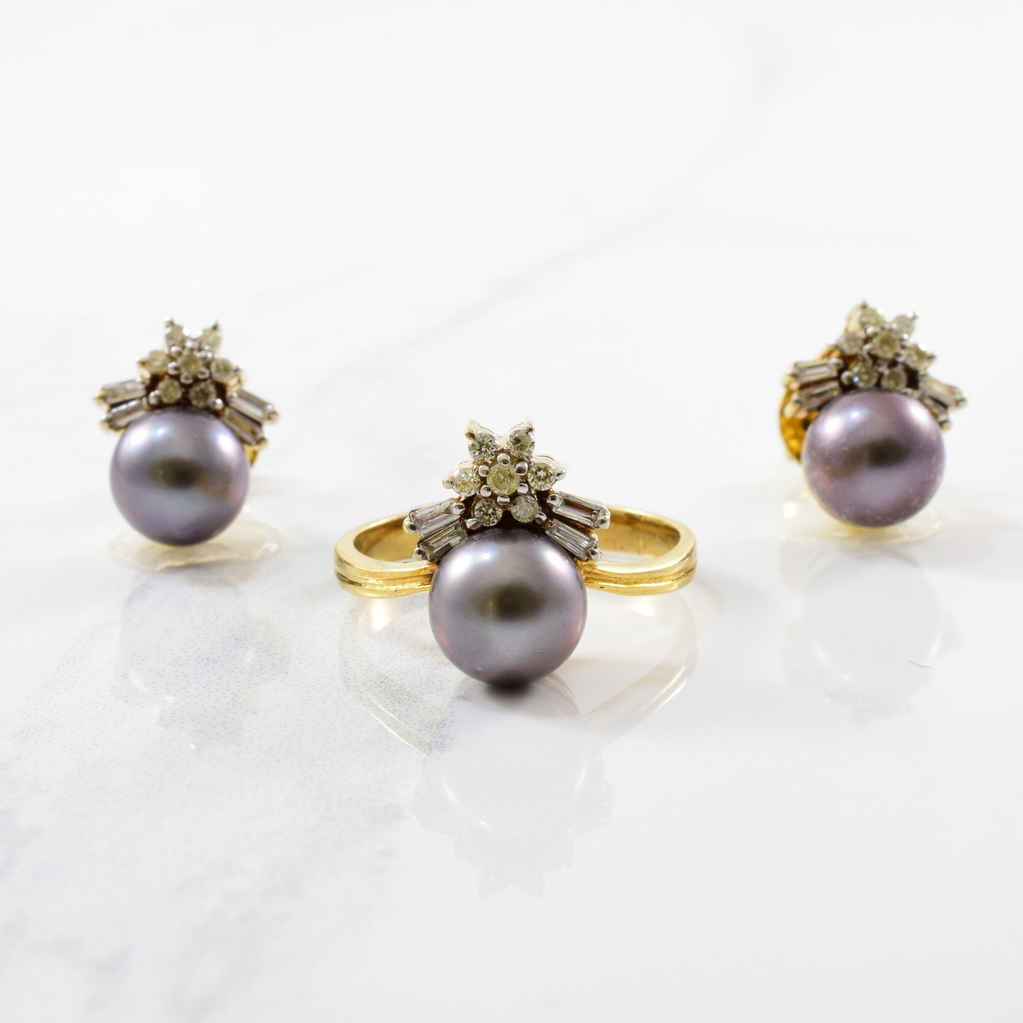 Tahitian Pearl Ring & Earring Stud Set | 0.45ctw, 7.50ctw | SZ 6.75 |