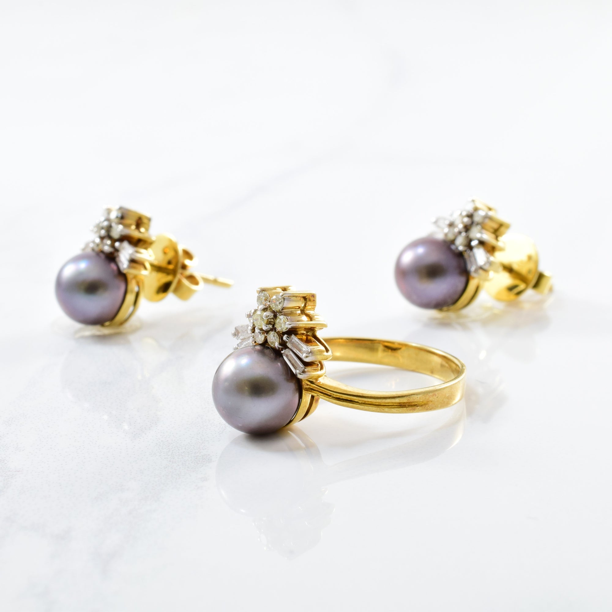 Tahitian Pearl Ring & Earring Stud Set | 0.45ctw, 7.50ctw | SZ 6.75 |