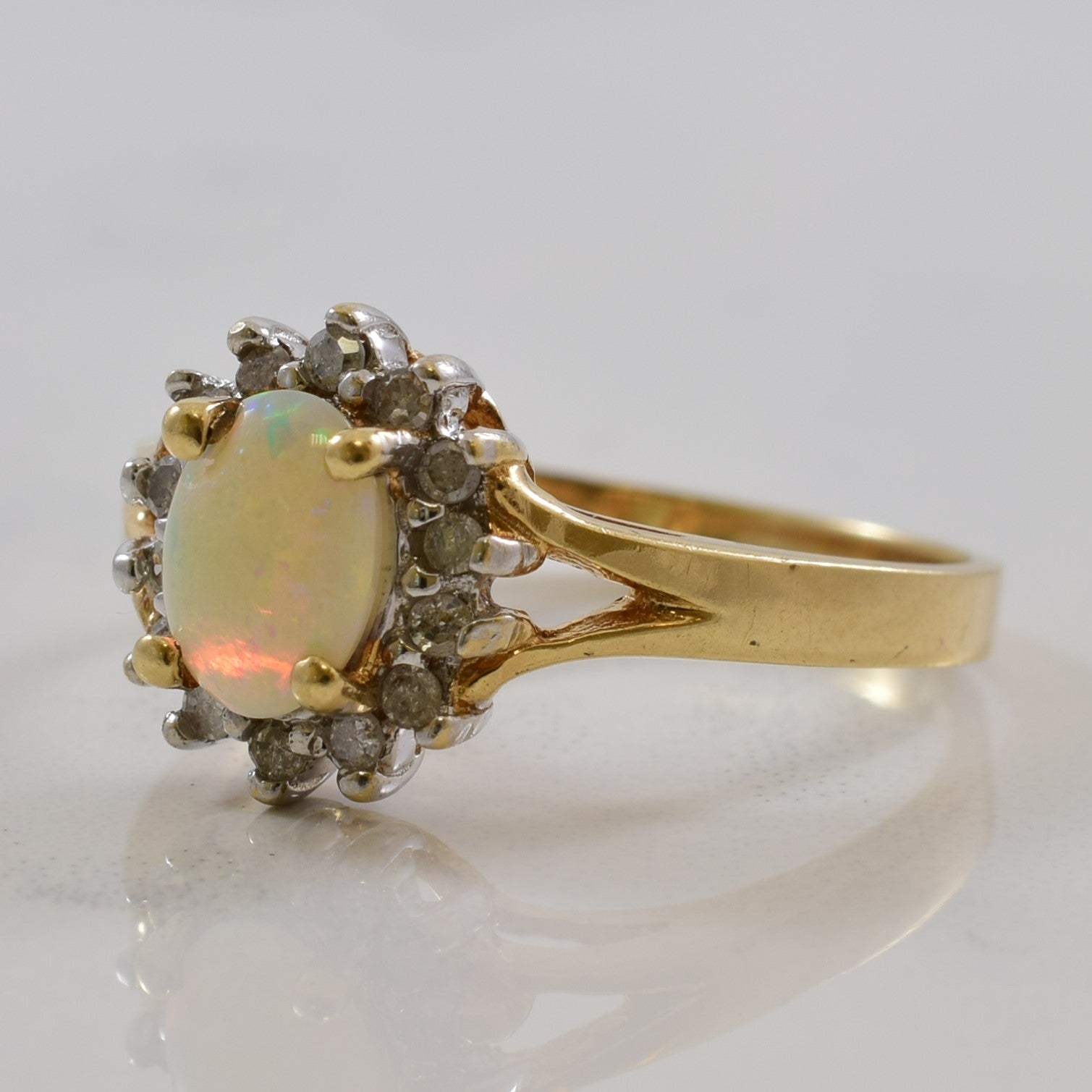 Opal & Halo Diamond Split Shank Ring | 0.38ct, 0.14ctw | SZ 6.5 |