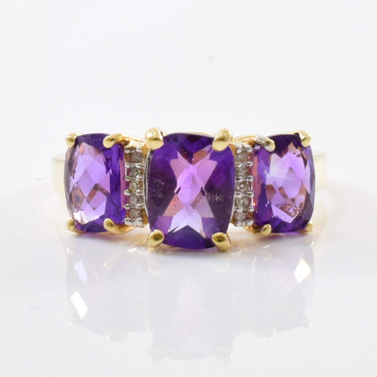 Cushion Cut Three Stone Amethyst Ring | 0.02ctw, 3.10ctw | SZ 8 |