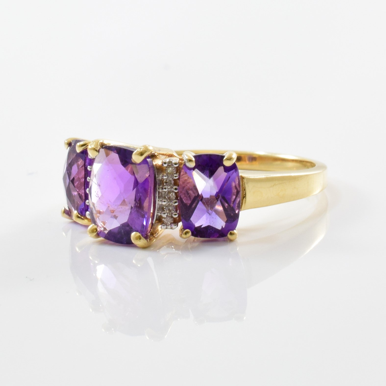 Cushion Cut Three Stone Amethyst Ring | 0.02ctw, 3.10ctw | SZ 8 |