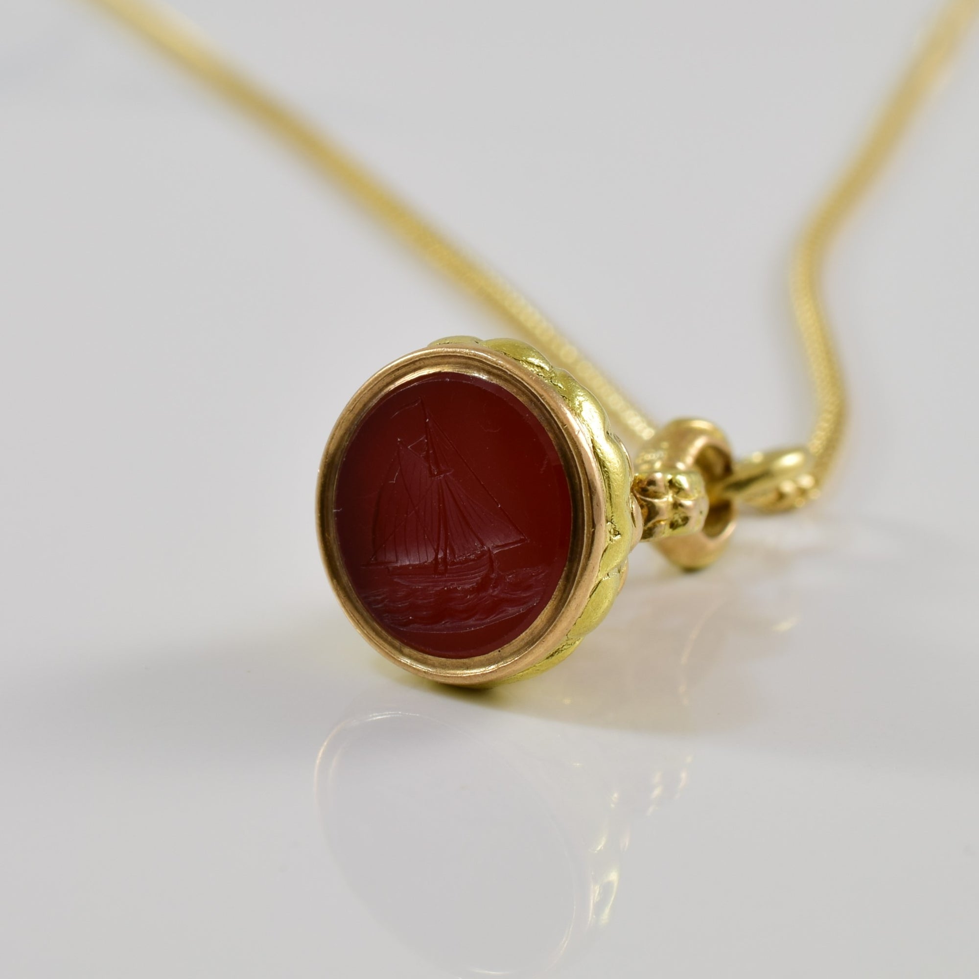 Early 1900s Carnelian Sailboat Wax Seal Necklace | 1.60ct | 22