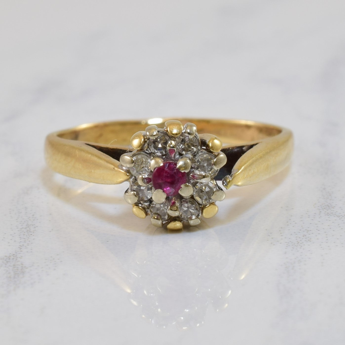 High Set Ruby & Diamond Halo Ring | 0.10ctw, 0.05ct | SZ 5.25 |