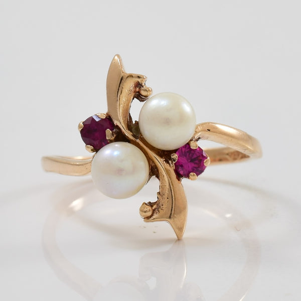 Pearl & Synthetic Ruby Bypass Ring | 1.40ctw, 0.14ctw | SZ 6.5 |