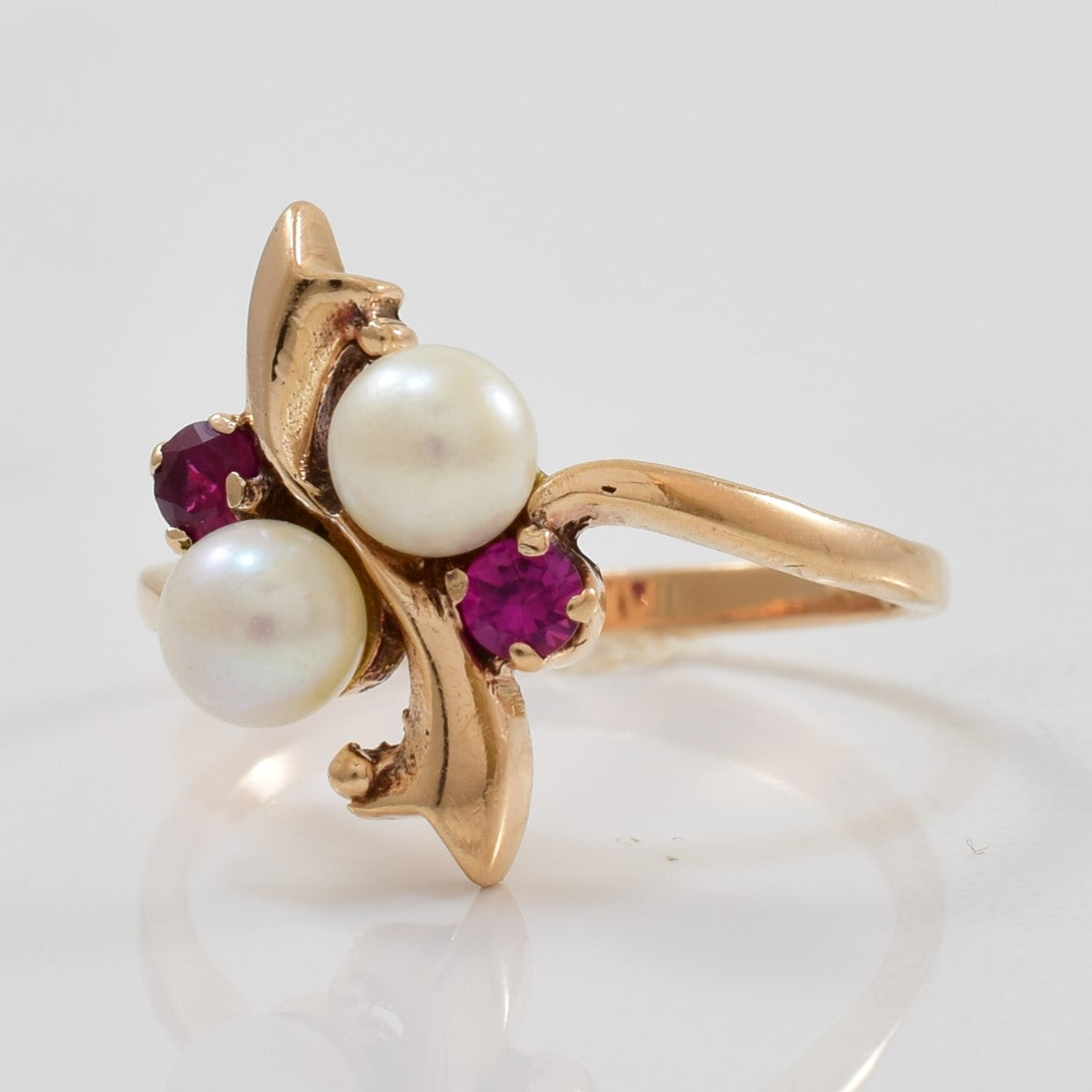 Pearl & Synthetic Ruby Bypass Ring | 1.40ctw, 0.14ctw | SZ 6.5 |