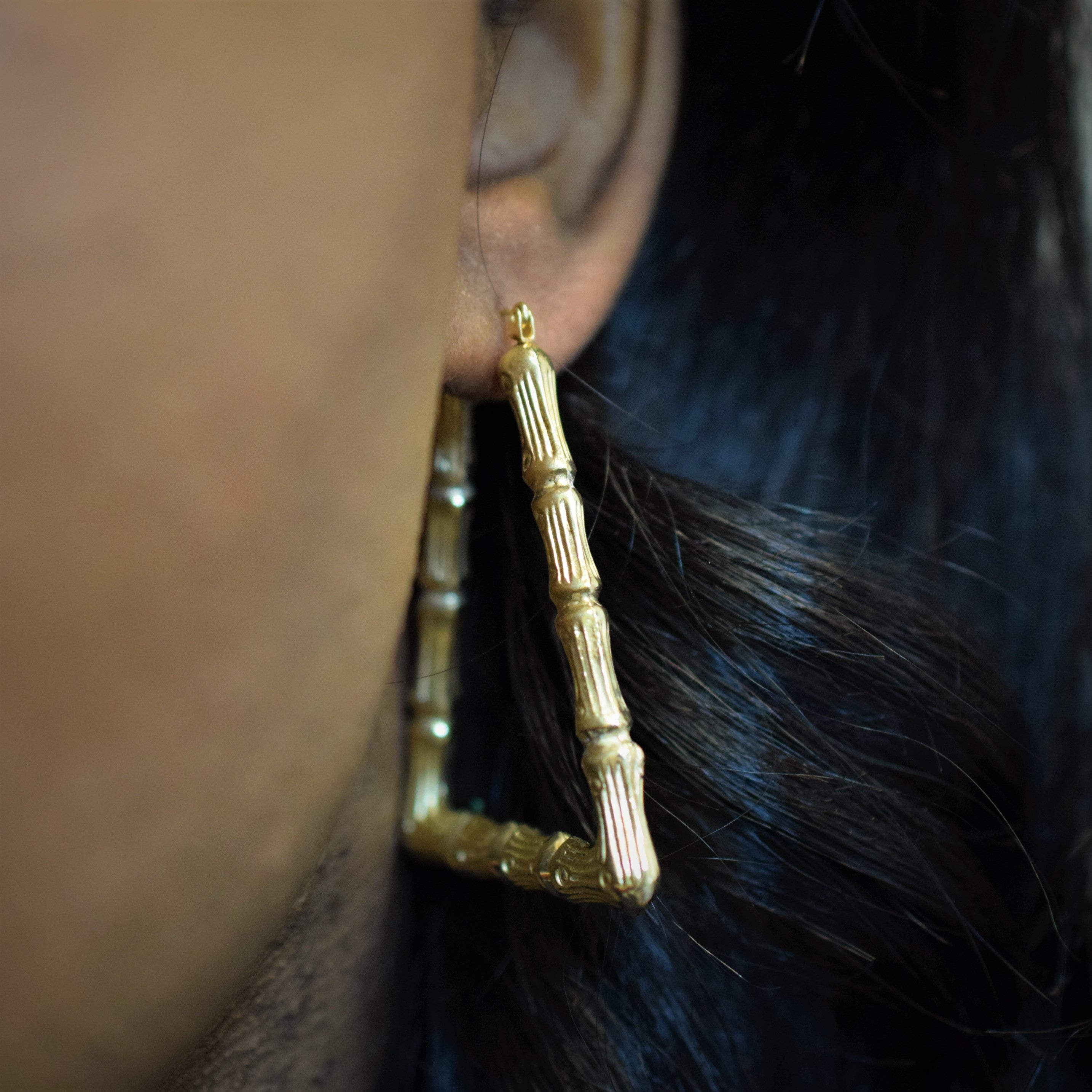 Triangular Bamboo Textured Gold Earrings |