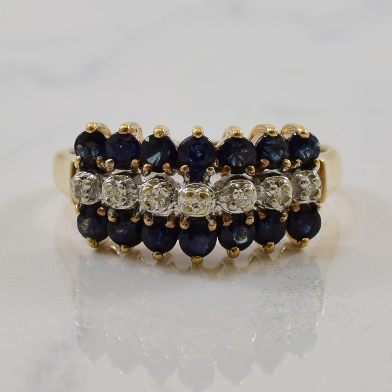 Blue Sapphire & Diamond Three Row Ring | 1.00ctw, 0.03ctw | SZ 6.75 |