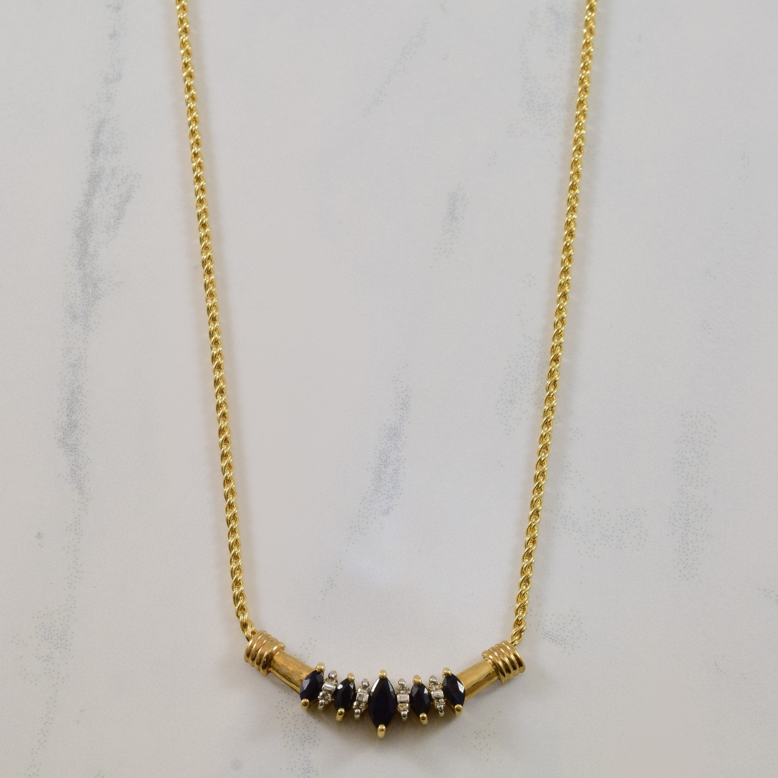 Marquise Blue Sapphire & Diamond Plate Necklace | 0.08ctw, 0.50ctw | 17" |