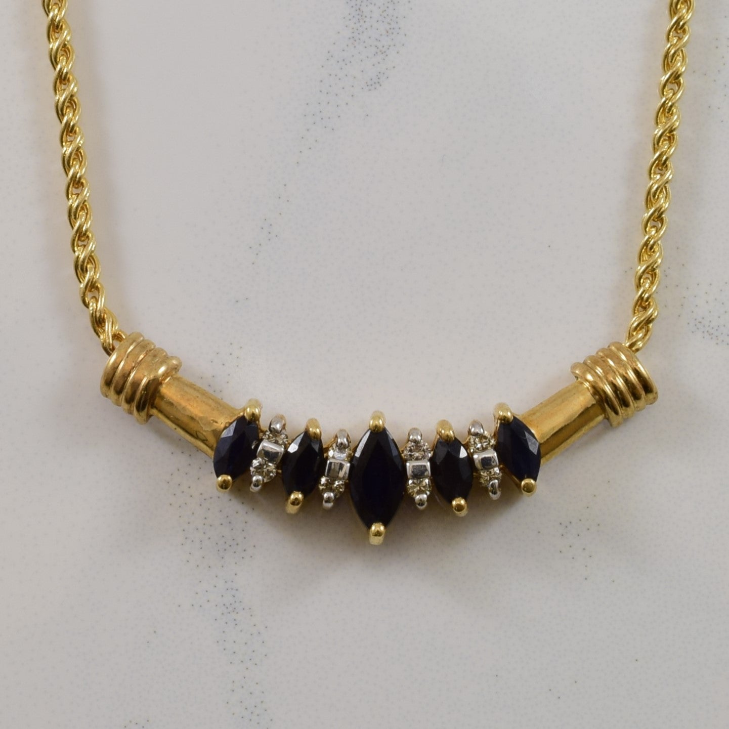 Marquise Blue Sapphire & Diamond Plate Necklace | 0.08ctw, 0.50ctw | 17" |