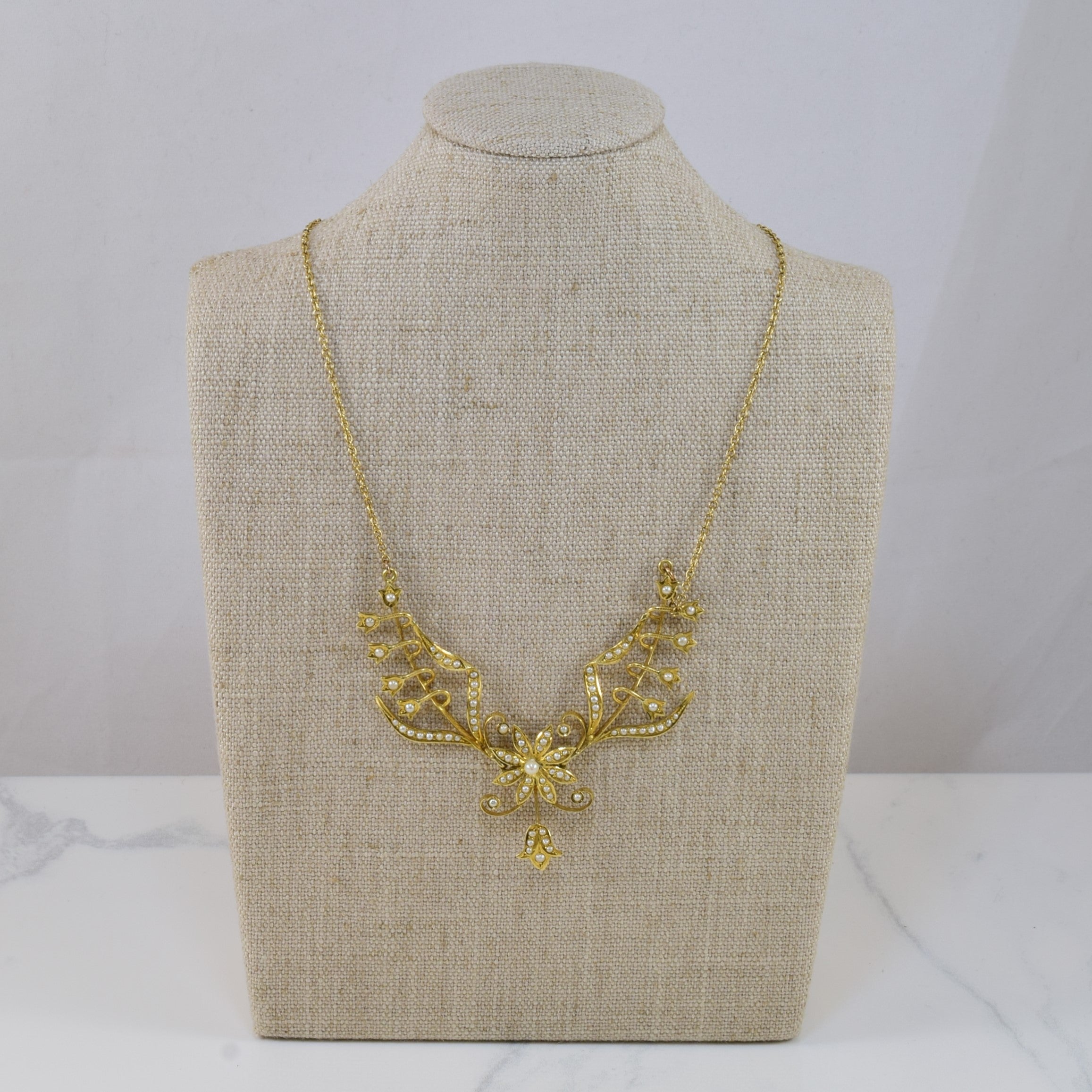 Seed Pearl Flower Filigree Necklace | 1.50ctw | 18" |