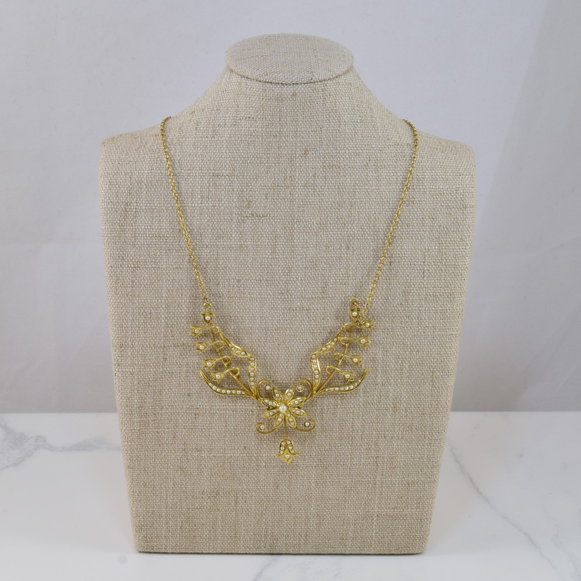 Seed Pearl Flower Filigree Necklace | 1.50ctw | 18