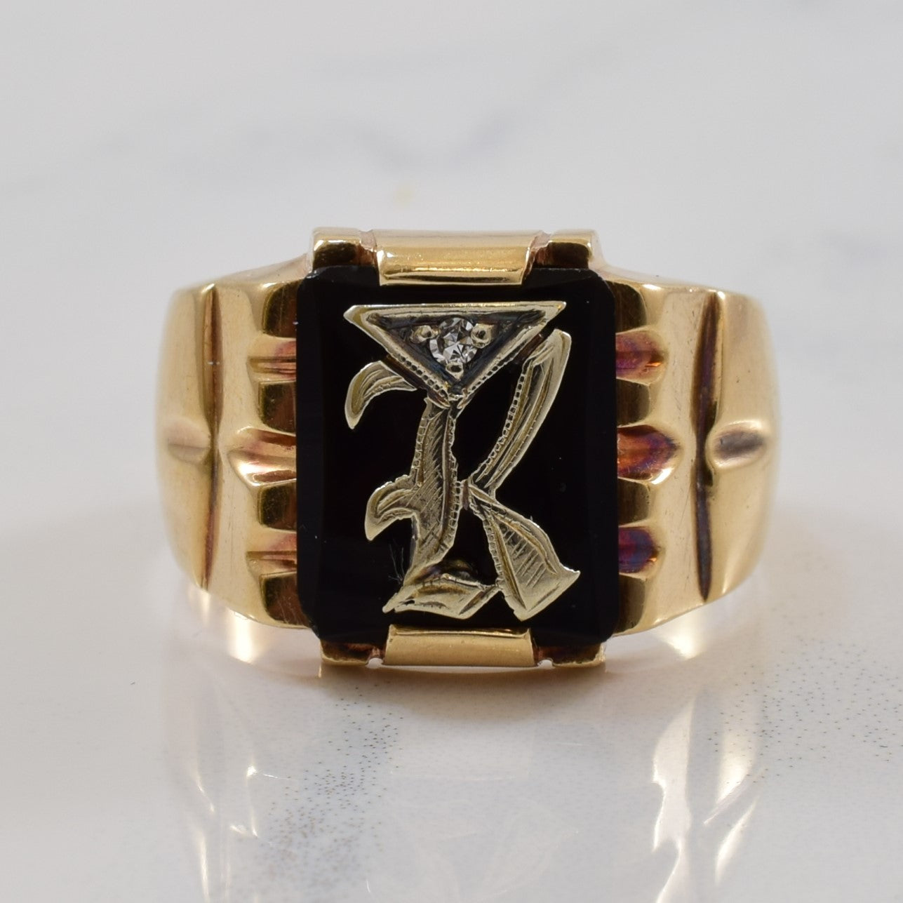 Initial 'K' Onyx Signet Ring | 3.50ct, 0.01ct | SZ 7 |