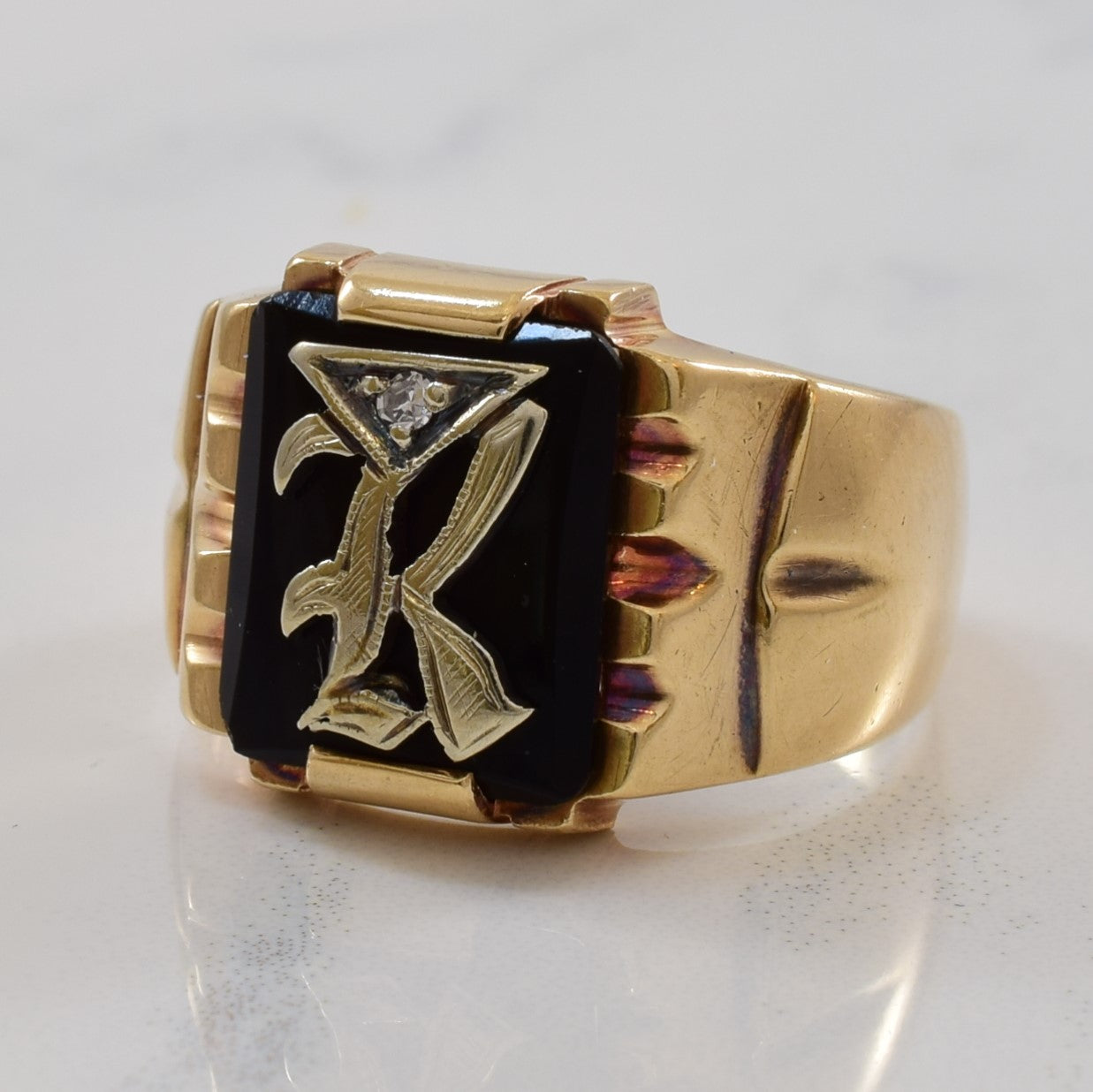 Initial 'K' Onyx Signet Ring | 3.50ct, 0.01ct | SZ 7 |