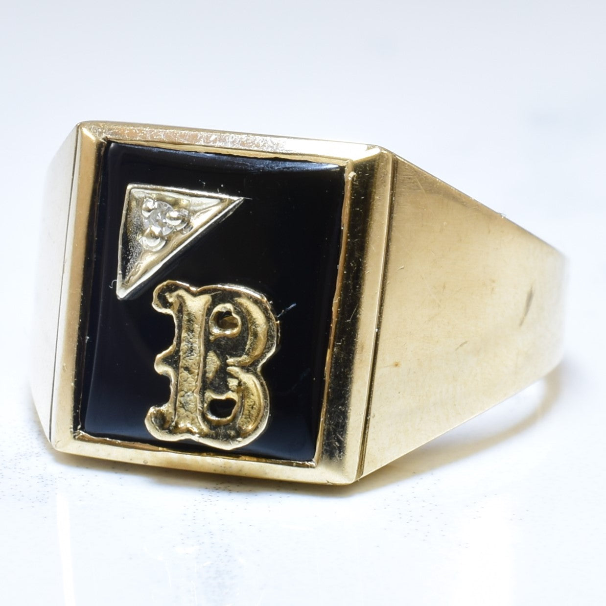 Black Onyx & Diamond Initial 'B' Signet Ring | 4.00ct, 0.01ctw | SZ 10 |