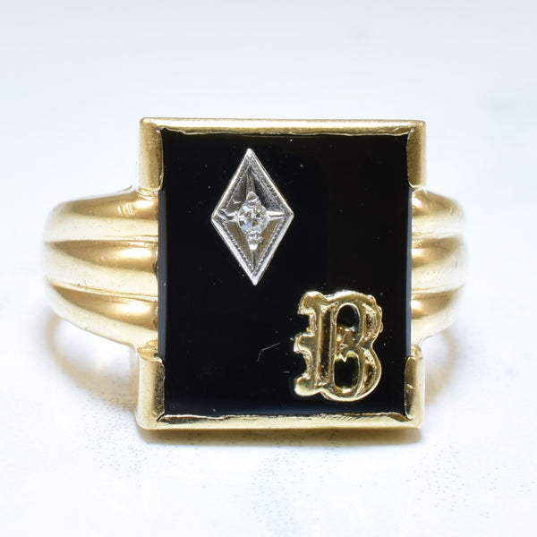 Initial 'B' Onyx & Diamond Signet Ring | 5.00ct, 0.01ct | SZ 8.5 |