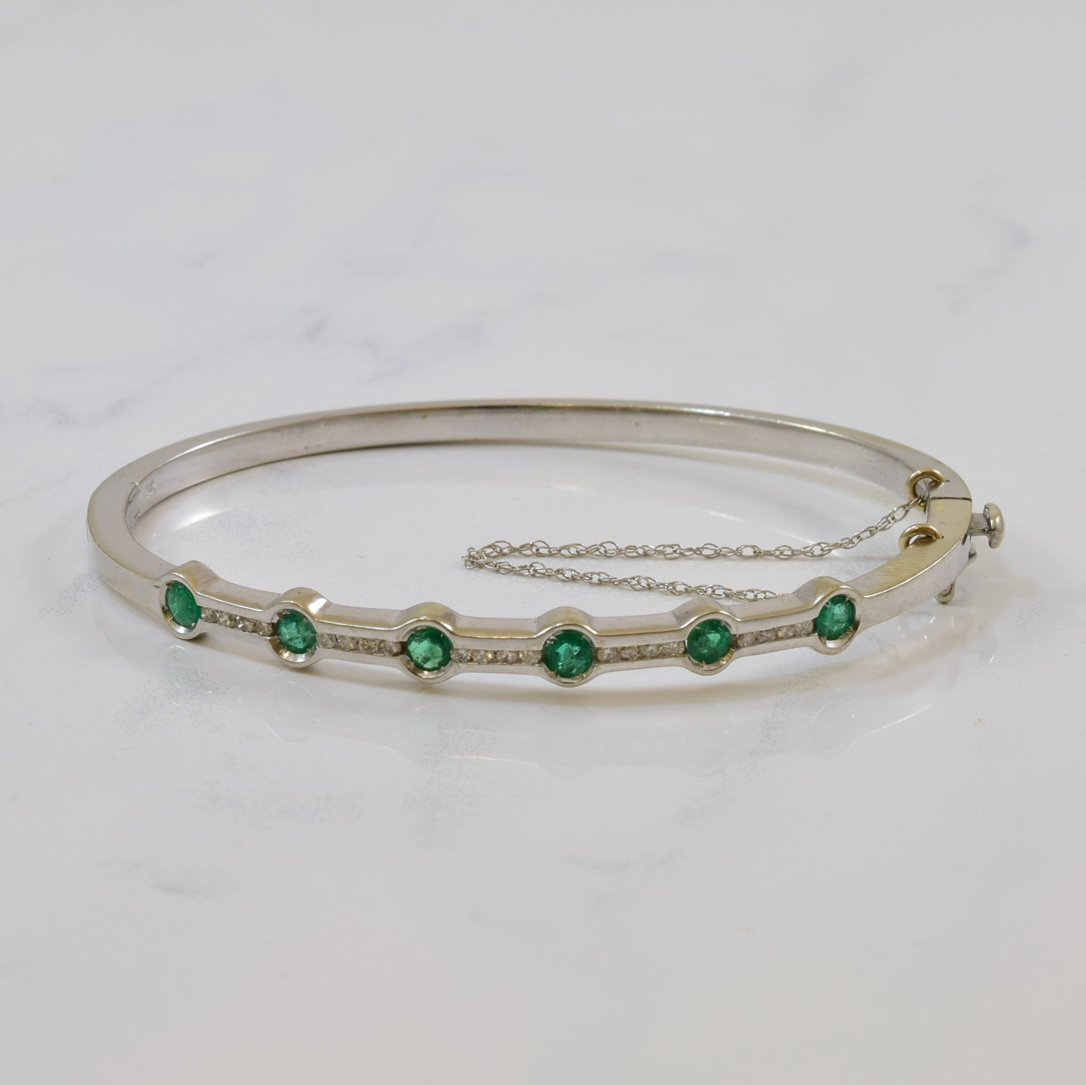 Bezel Set Emerald & Diamond Hinged Bangle | 0.60ctw, 0.18ctw | 6.5" |