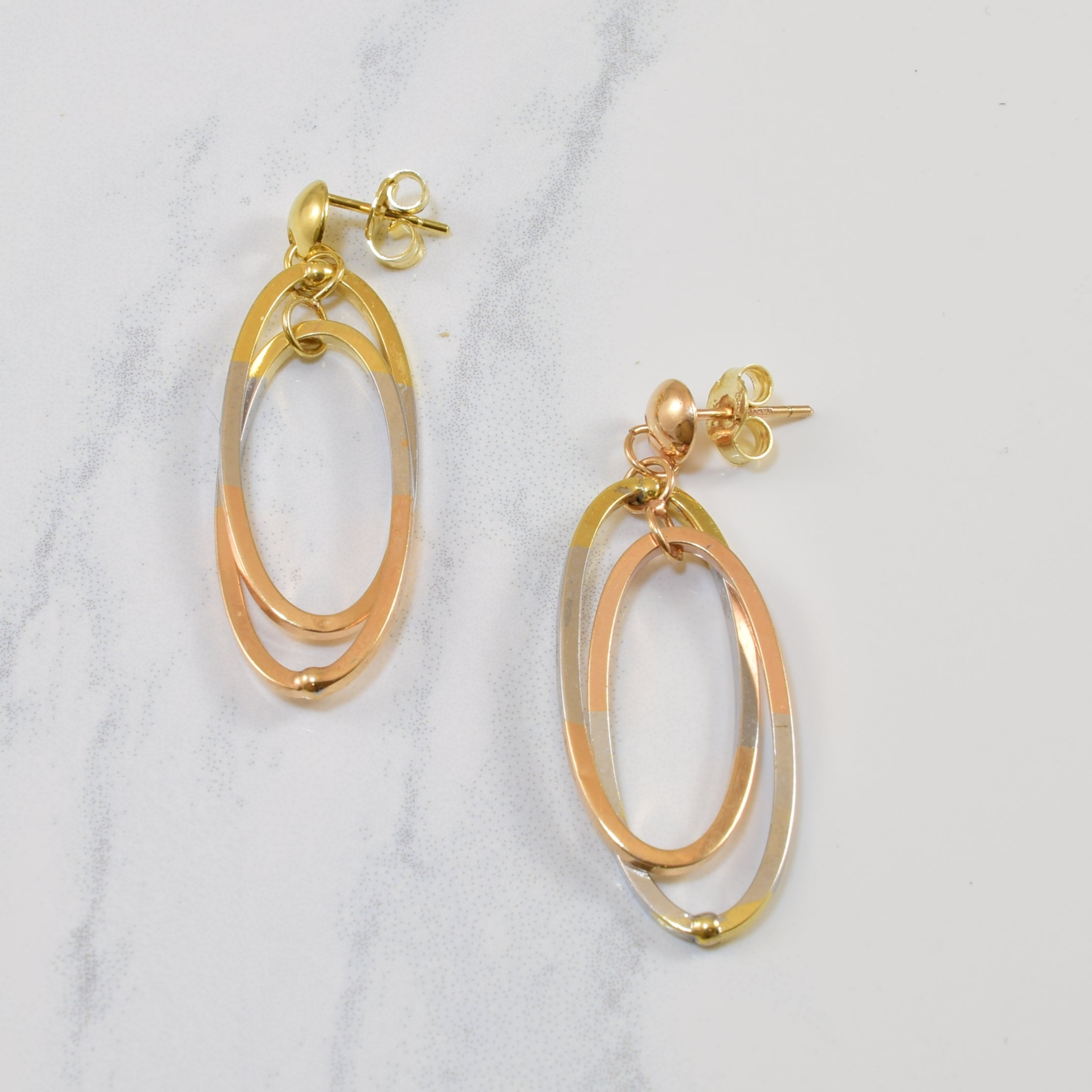 Tri Coloured Gold Drop Stud Earrings |