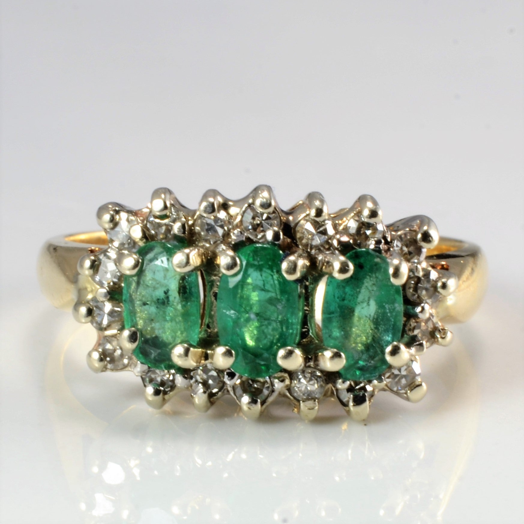 Three Stone Emerald & Diamond Cocktail Ring | 0.18 ctw, SZ 6.25 |