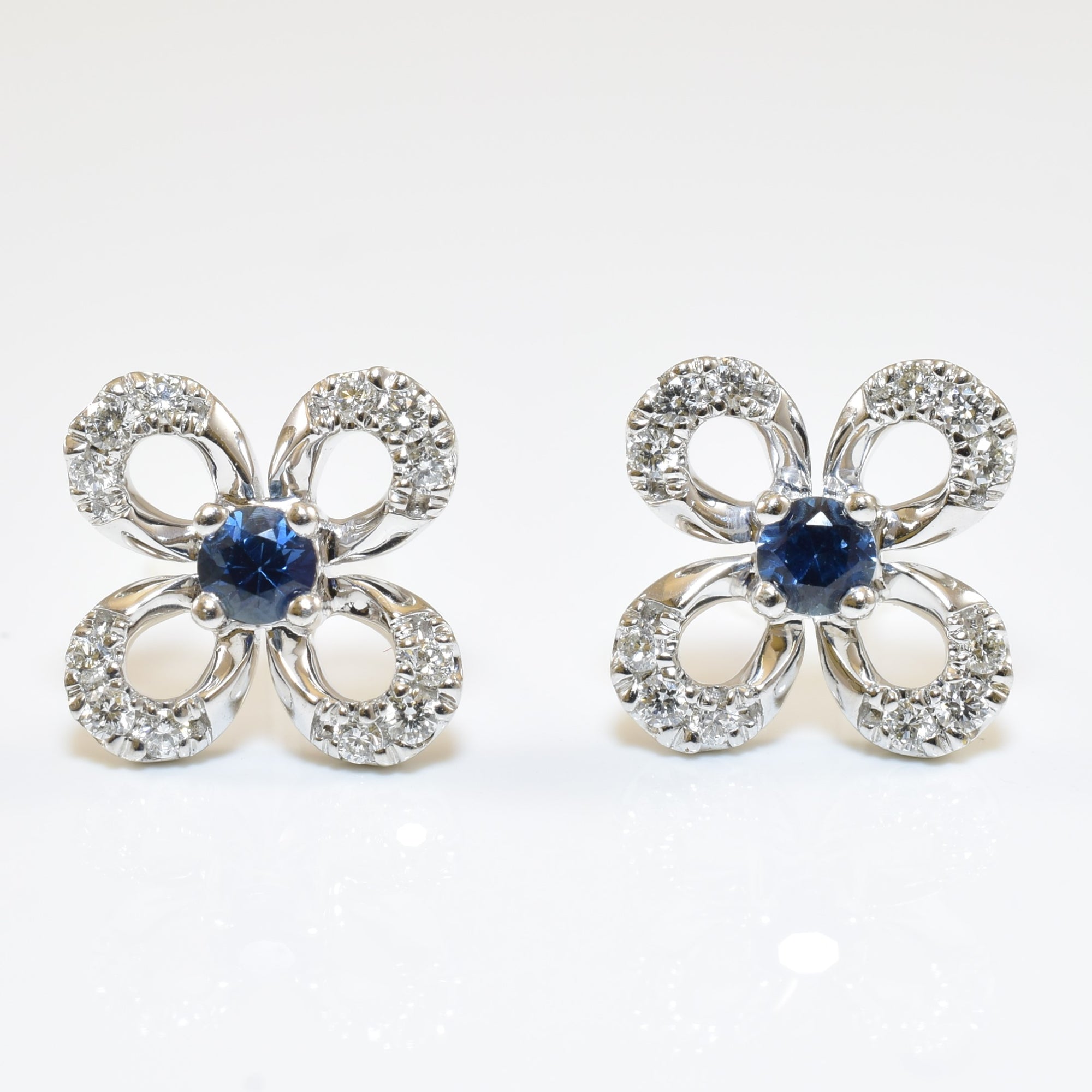 Blue Sapphire & Diamond Flower Stud Earrings | 0.16ctw, 0.16ctw |