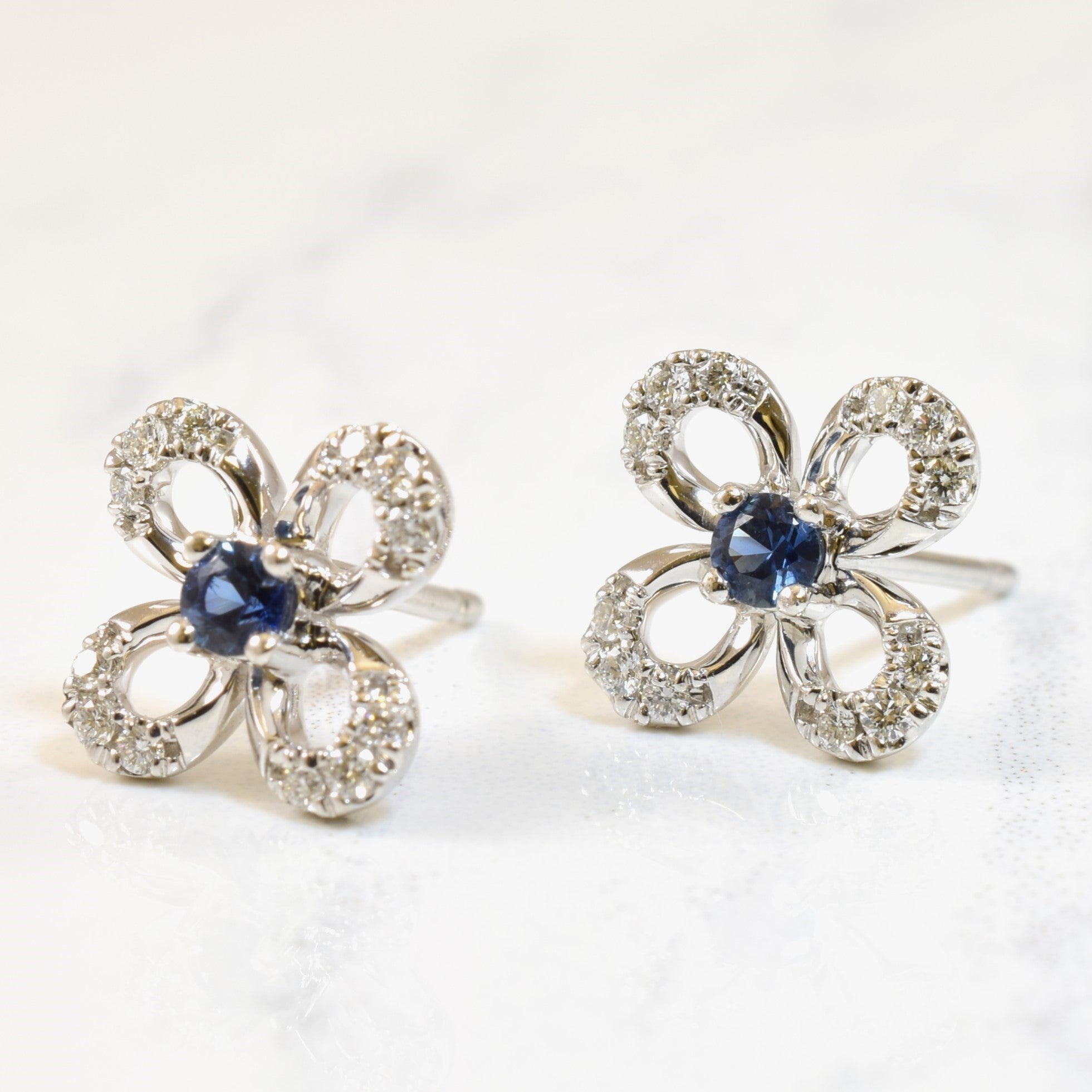 Blue Sapphire & Diamond Flower Stud Earrings | 0.16ctw, 0.16ctw |