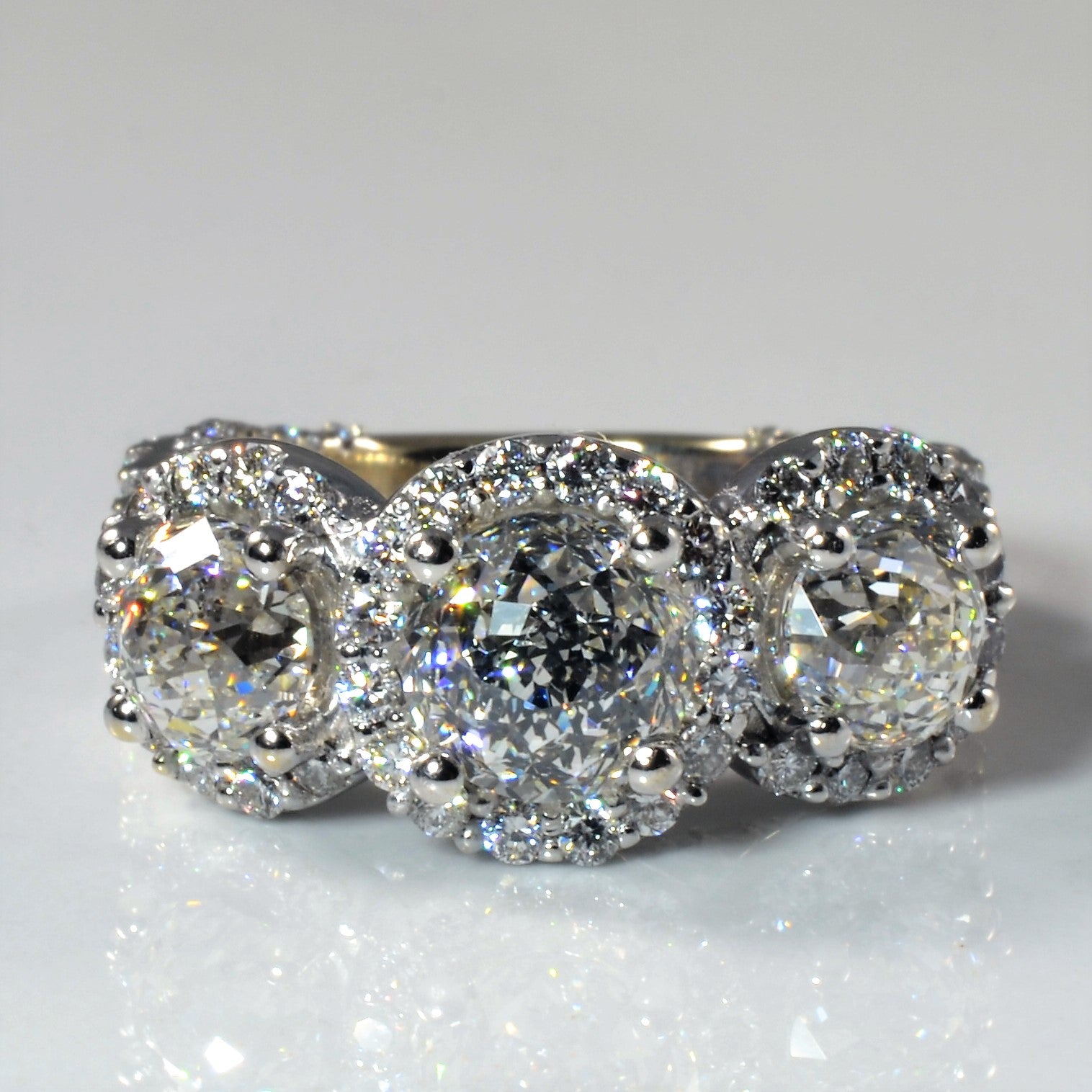 Portuguese Cut Diamond Halo Three Stone Ring | 4.95ctw | SZ 6 |