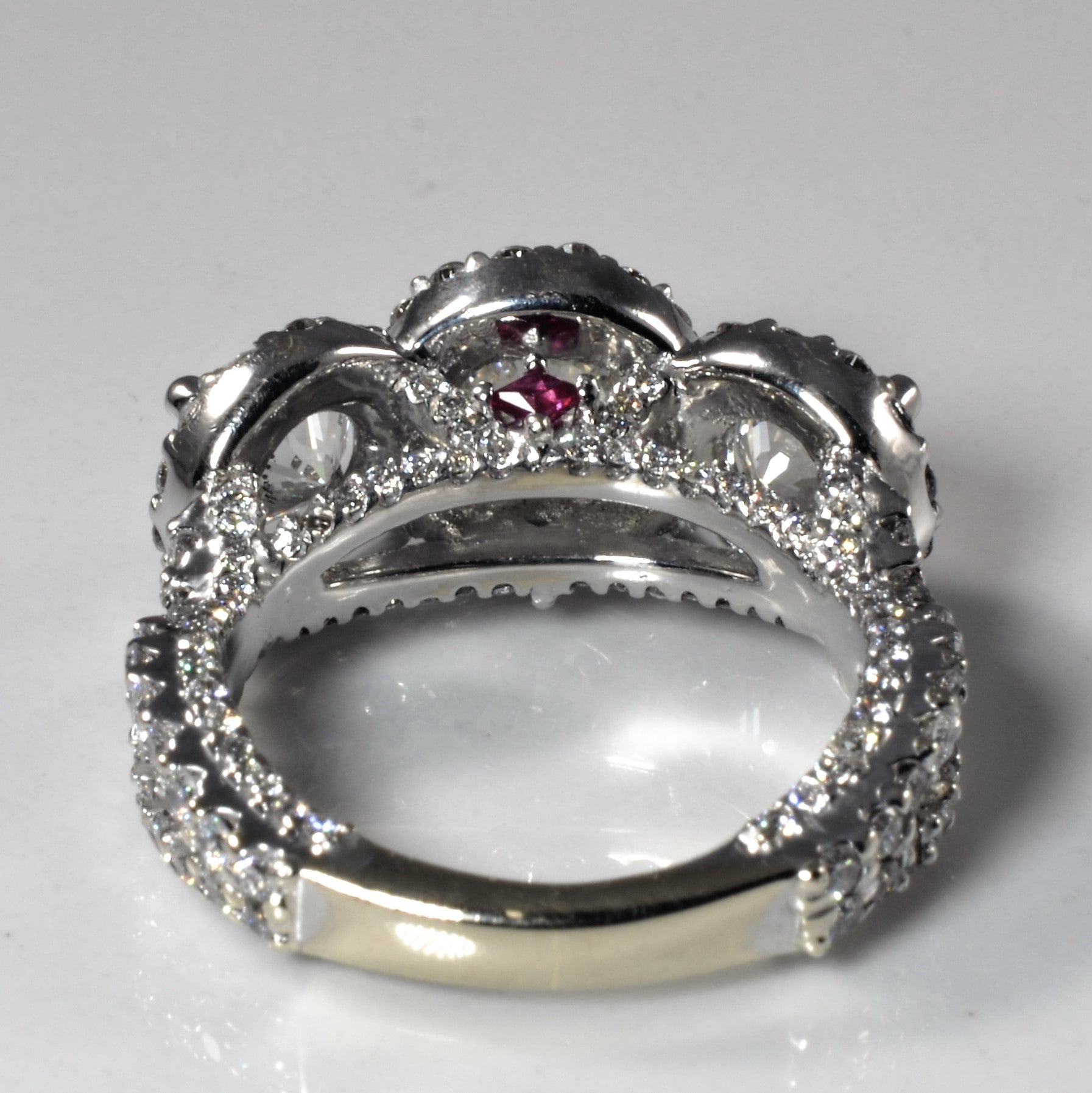 Portuguese Cut Diamond Halo Three Stone Ring | 4.95ctw | SZ 6 |